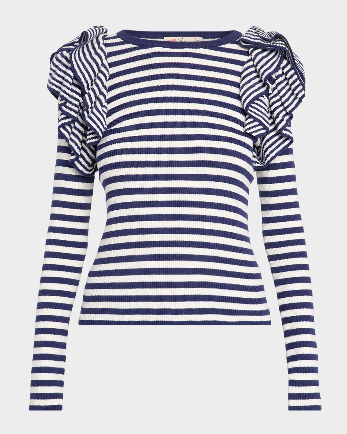 Maison Common Striped Cotton Rib Ruffle-Shoulder Sweater
