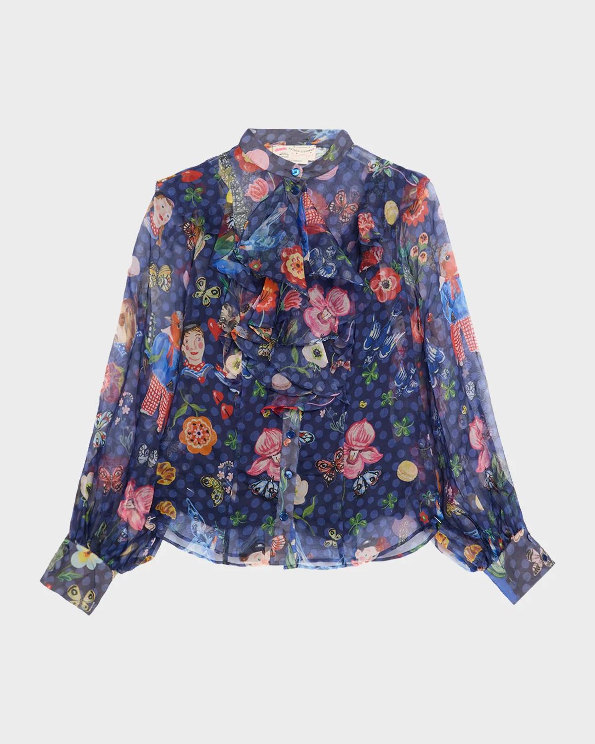 Maison Common Printed Silk Organza Ruffle Long-Sleeve Blouse