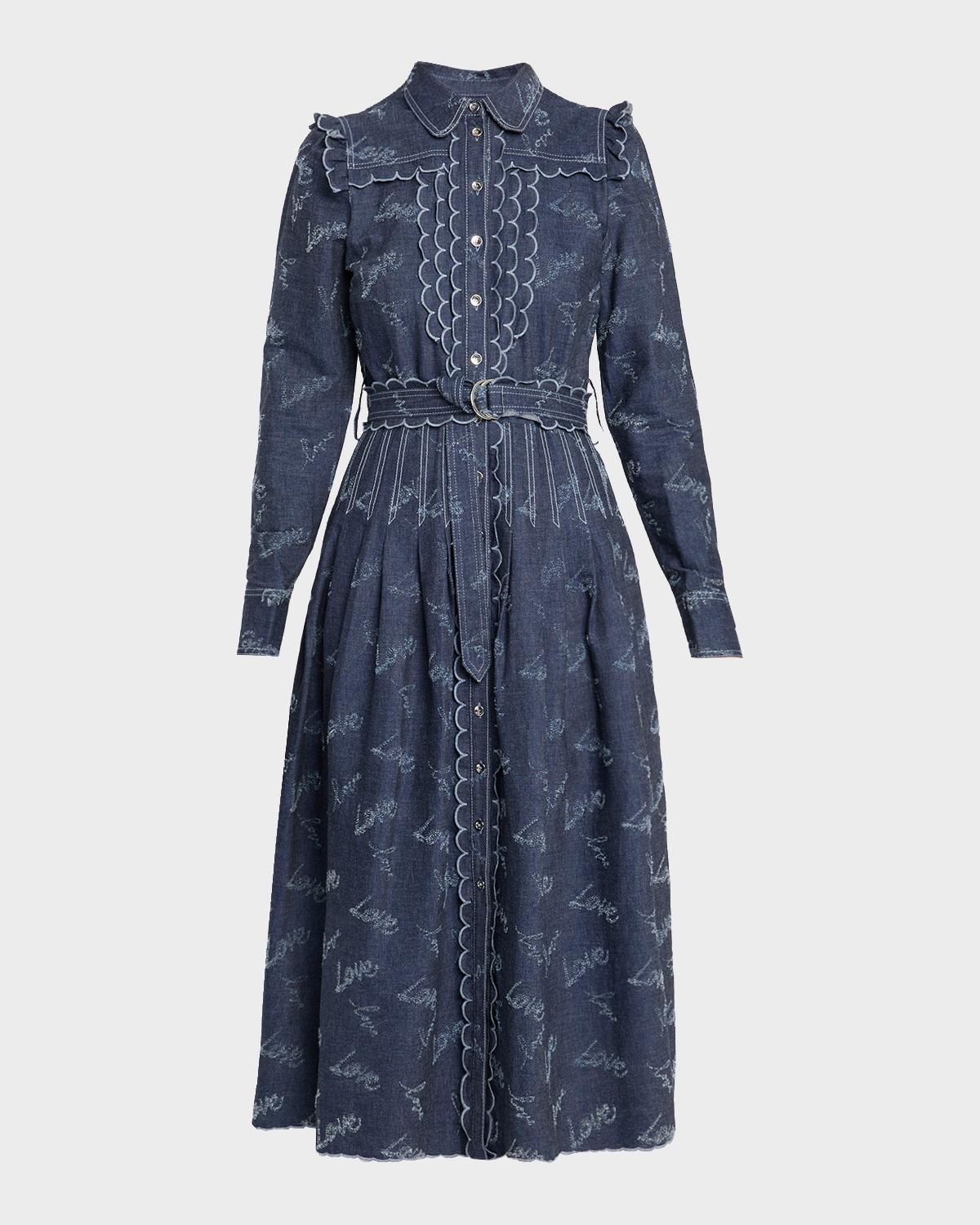 Maison Common Belted Embroidered Chambray Midi Shirtdress