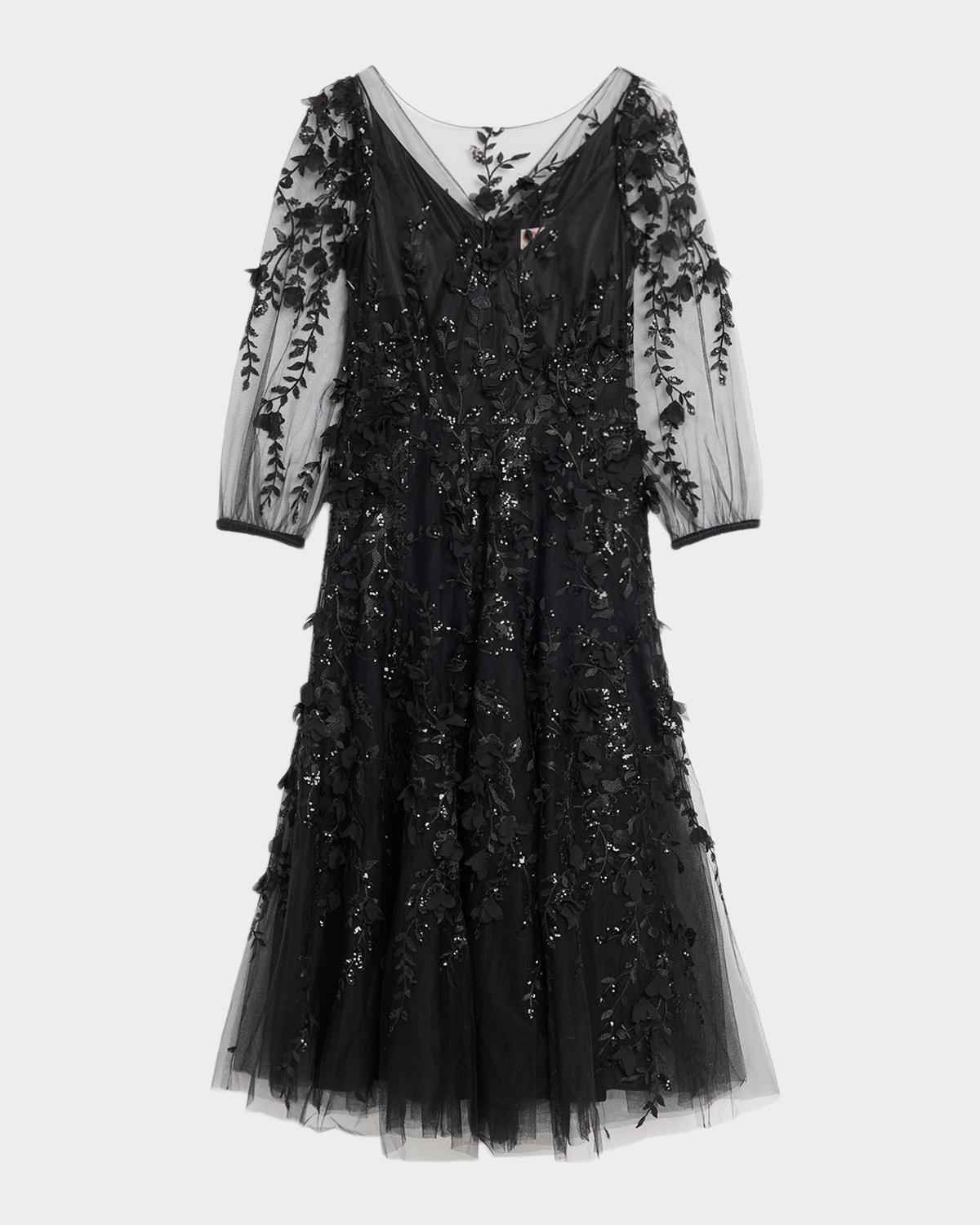Maison Common Floral Embroidered Tulle Illusion Midi Dress