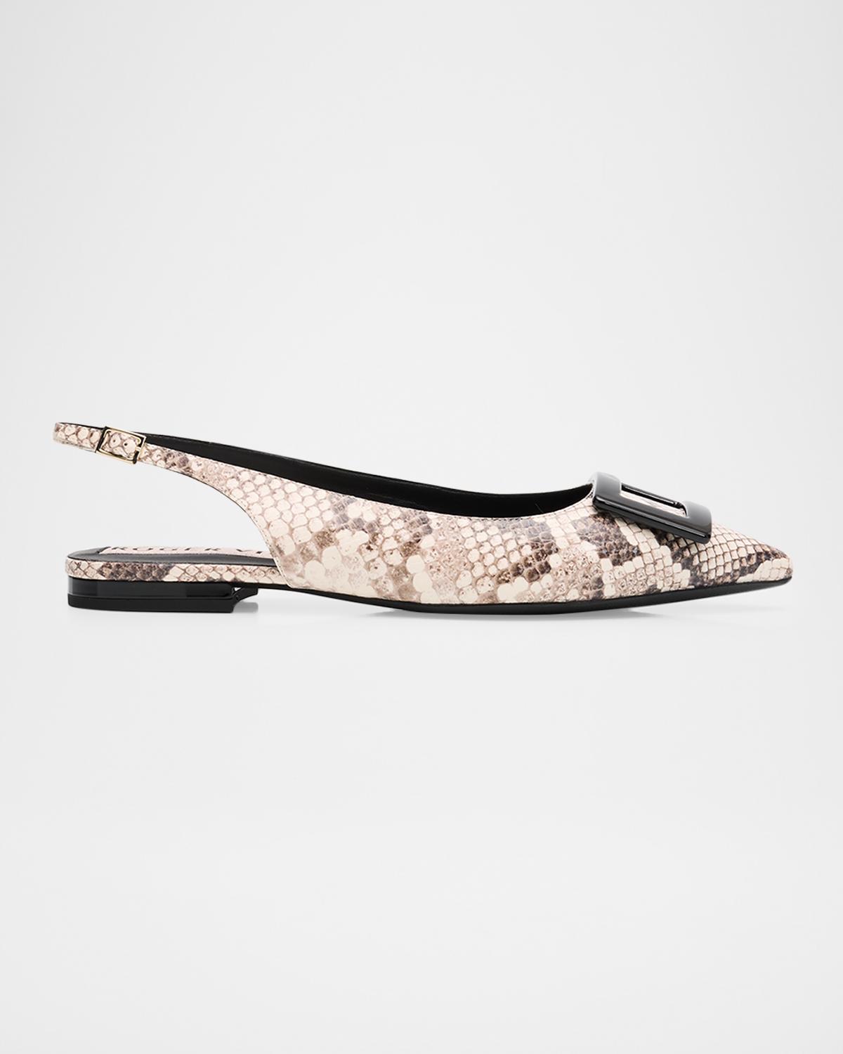 Roger Vivier Gommettine Snake-Embossed Leather Slingback Flats