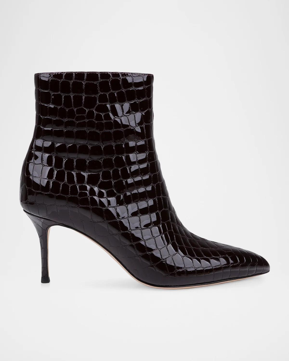 L & Apos;agence 75mm Houston Ii Croc-embossed Patent Leather Ankle Booties In Burgundy P