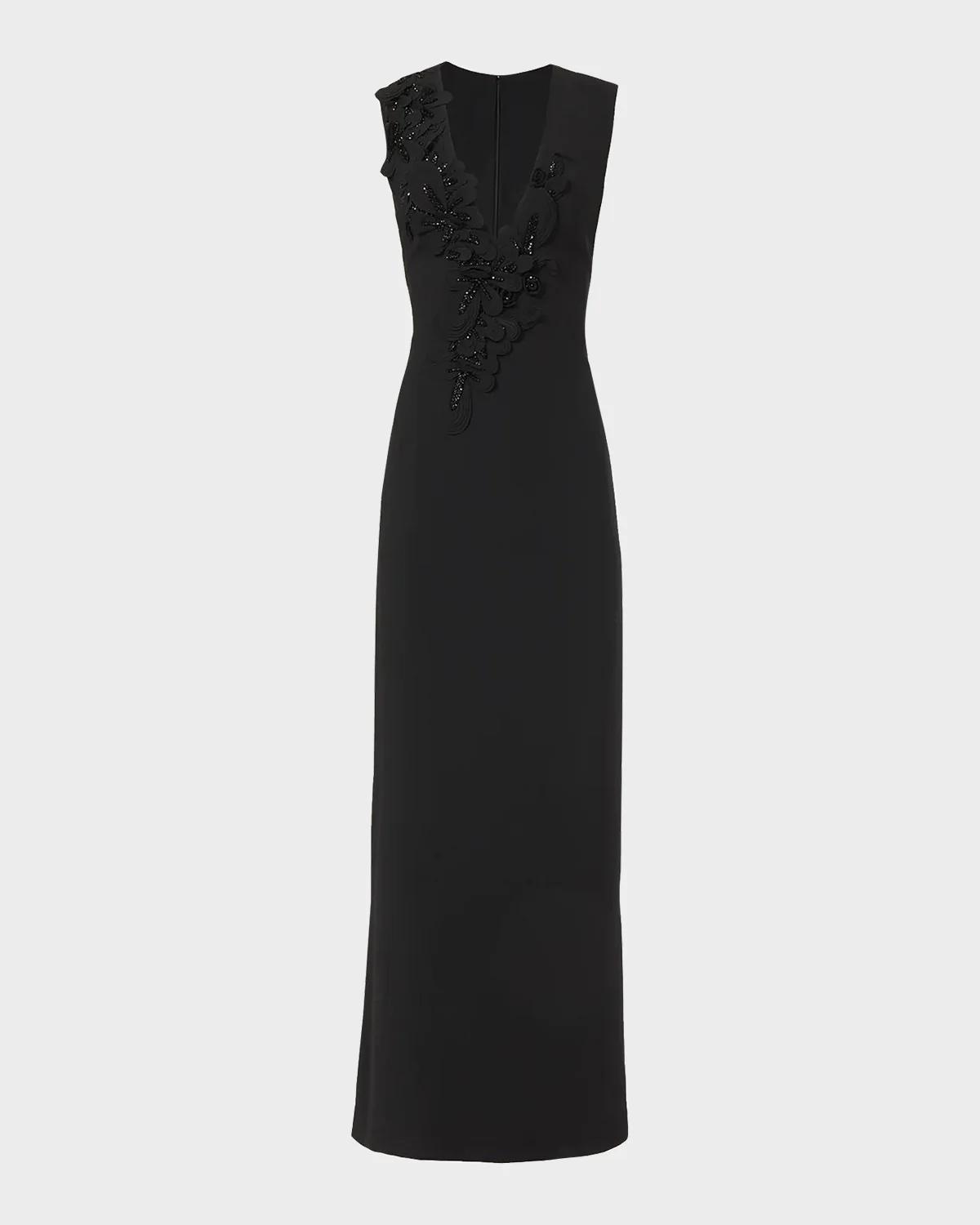 Costarellos Jevi Embellished V-Neck Crepe Sleeveless Column Gown