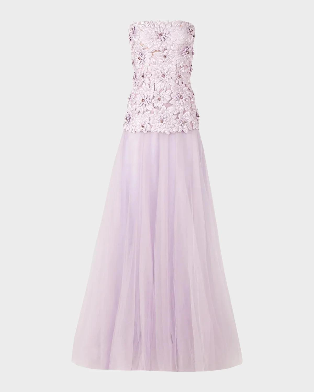 Costarellos Gisella Petal Embellished Strapless Drop-Waist Tulle Gown