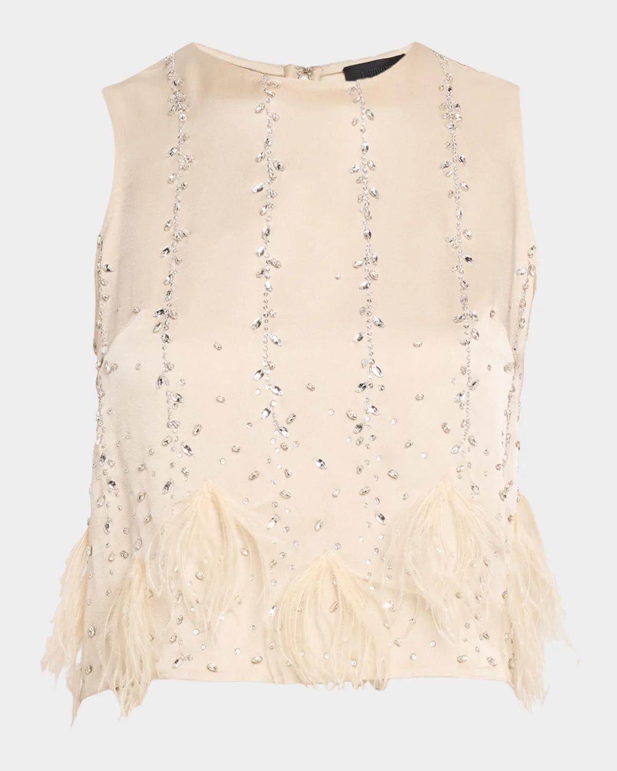 LAPOINTE Crystal & Feather Embellished Satin Cropped Tank Top