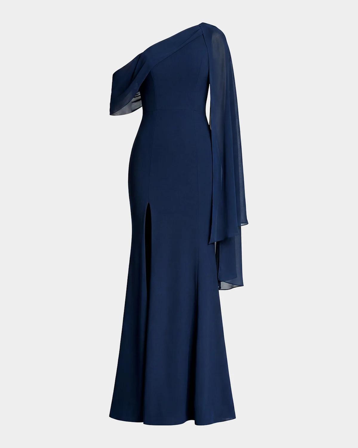Dress the Population Women's Asymmetrical Neck Shoulder-Drape A-Line Gown - Navy