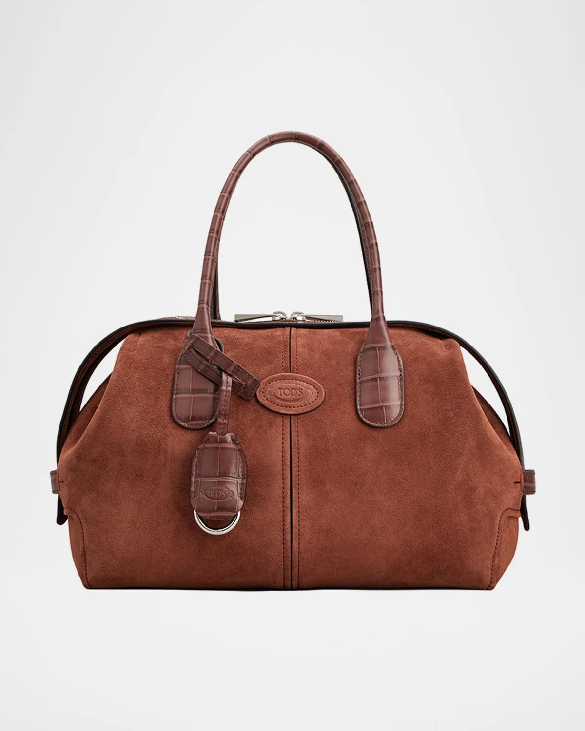 Leather-Trim Suede Bowling Bag