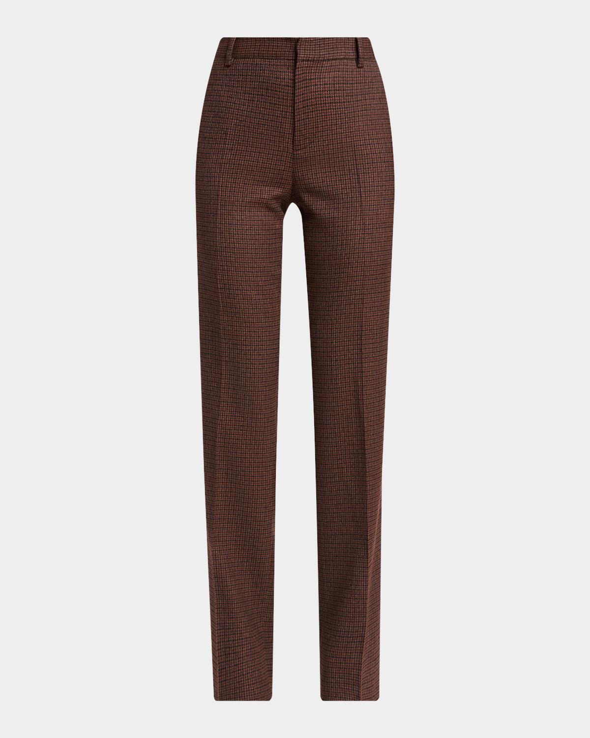 Feather-Trim Check Wool Straight-Leg Trousers