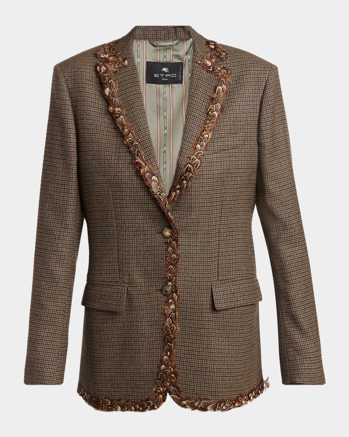 Etro Feather-Trim Houndstooth Wool Single-Breasted Jacket