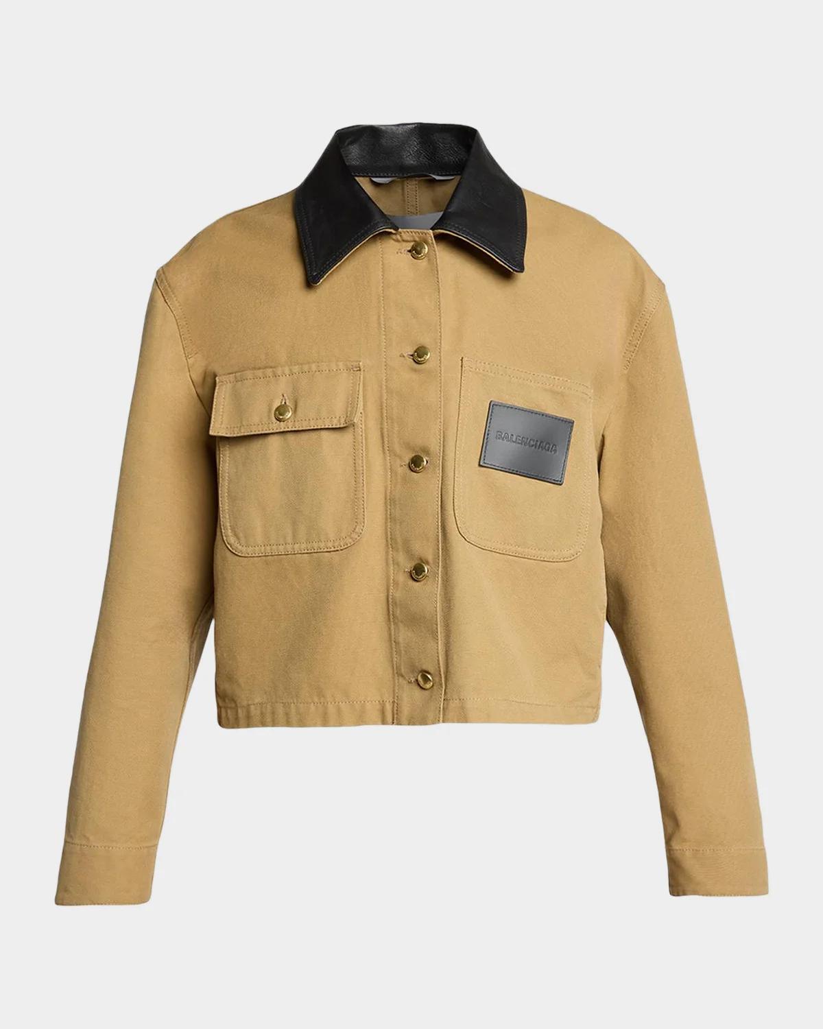 Balenciaga Leather-Collar Cropped Canvas Workwear Jacket