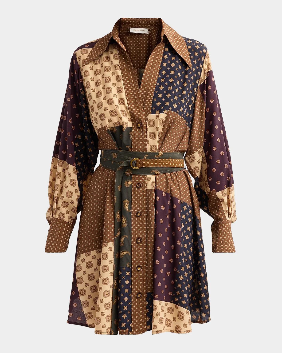Zimmermann Tuck Patchwork Belted Mini Shirtdress