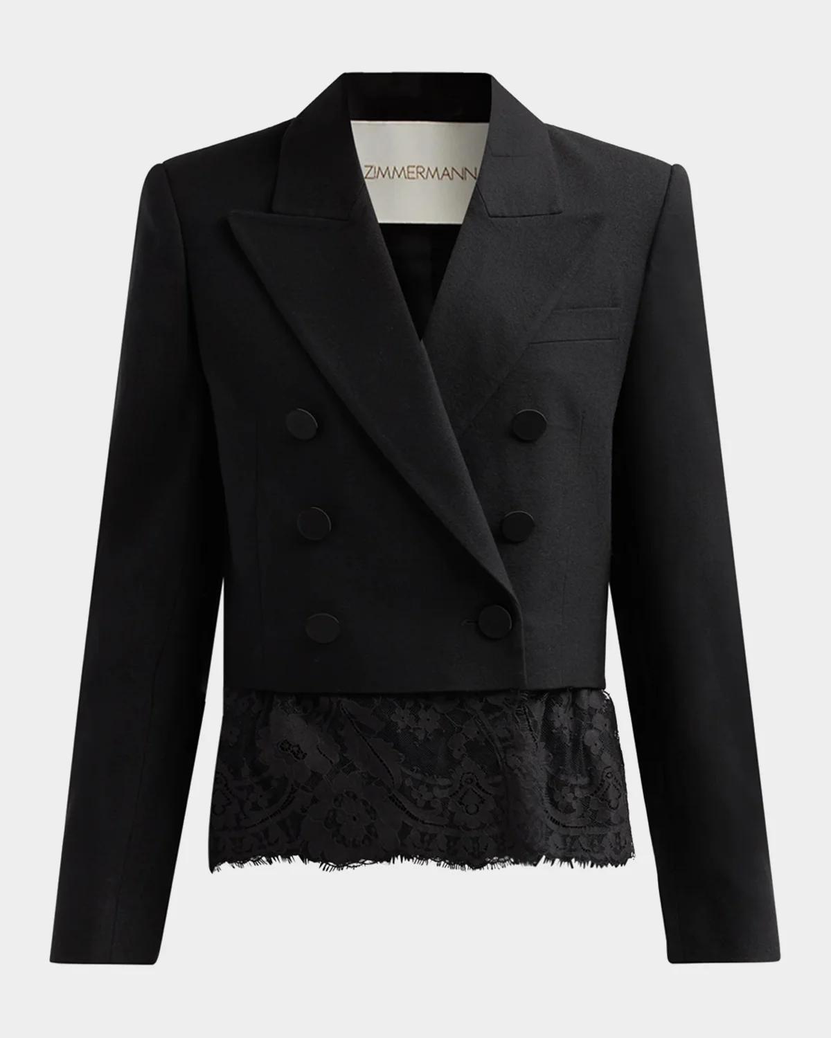 Zimmermann Lace-trim Wool-blend Double-breasted Jacket In Black