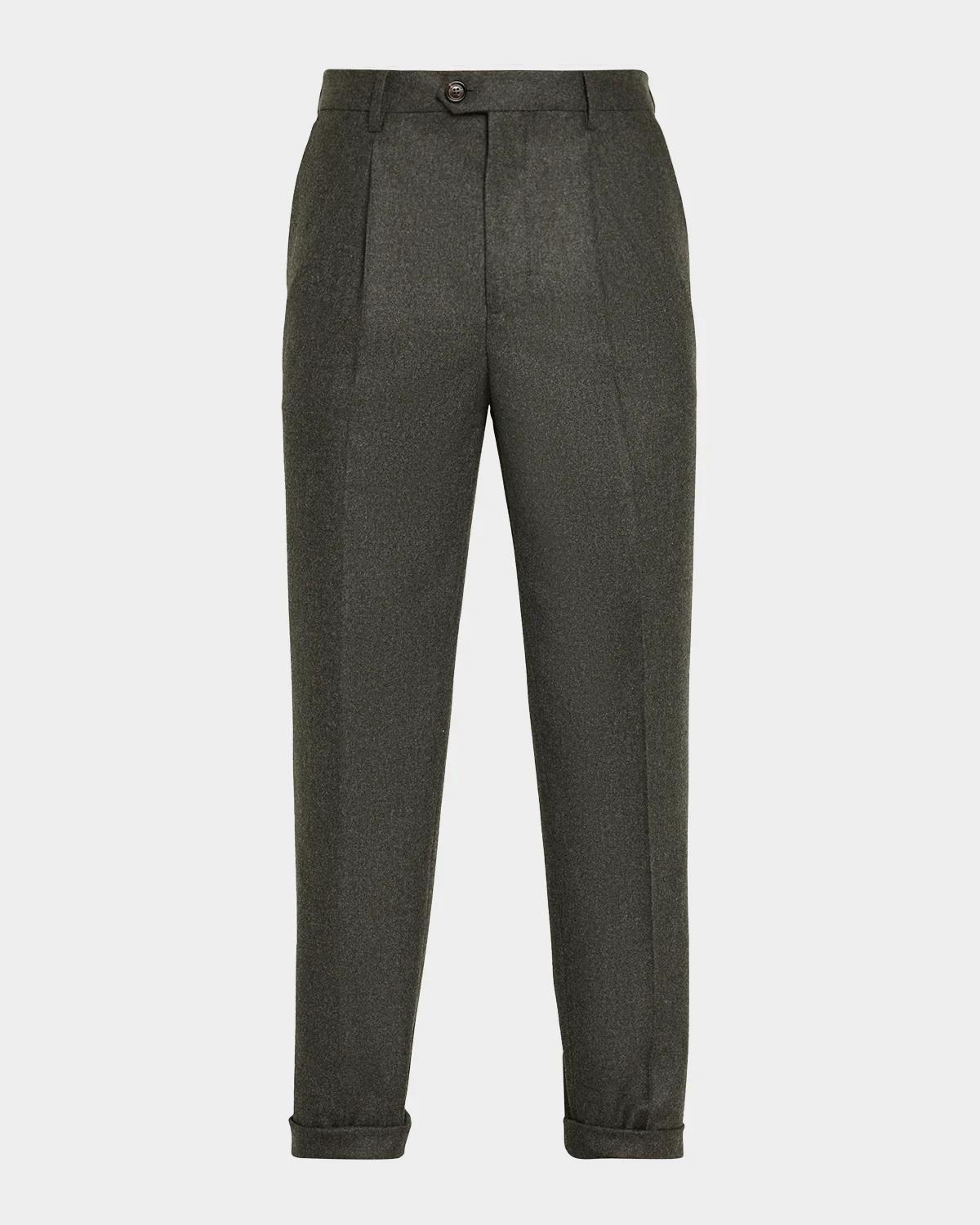 Brunello Cucinelli Men's Carded Flannel Pleated Trousers