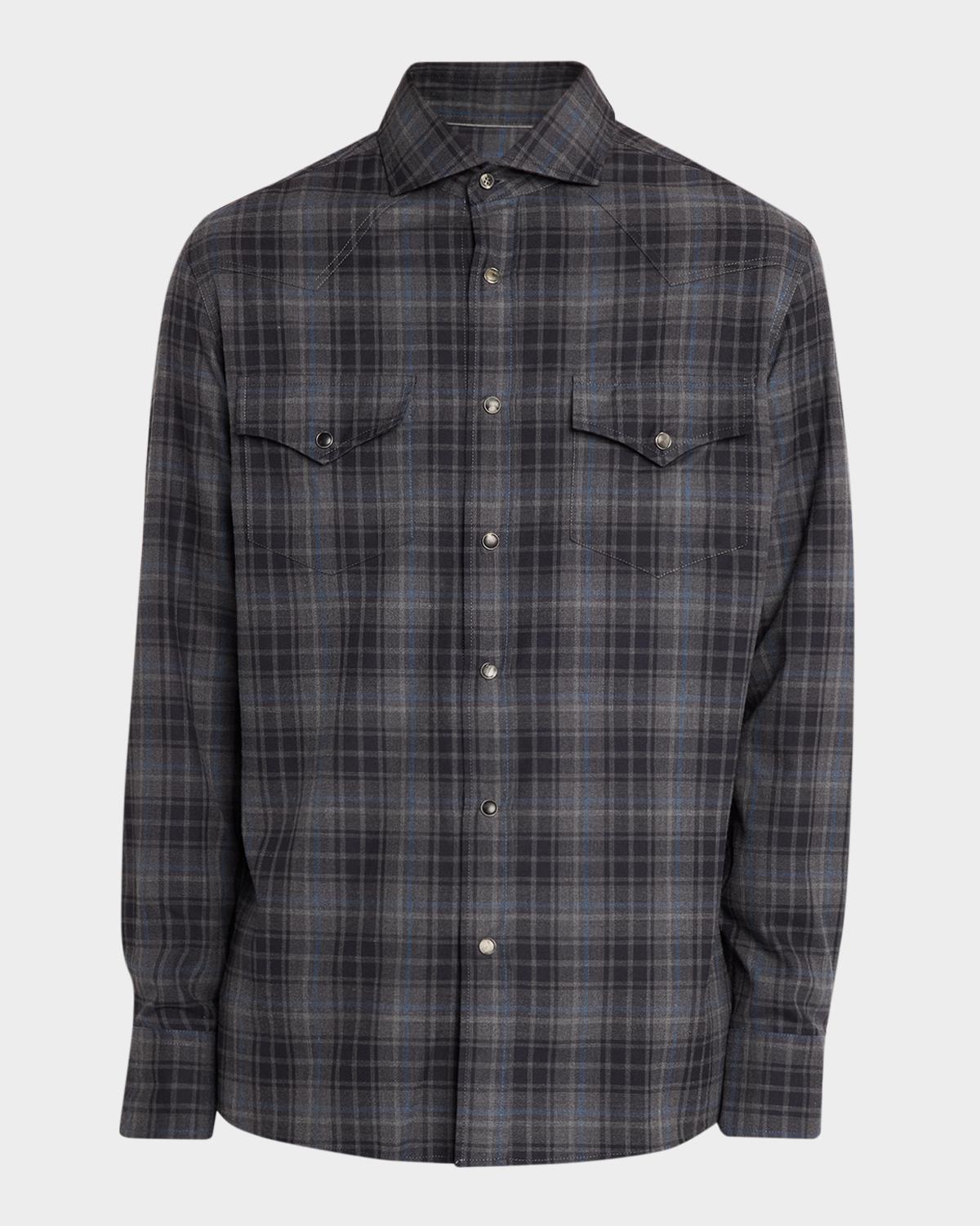 Brunello Cucinelli Men's Cotton Plaid Snap-Front Western Shirt