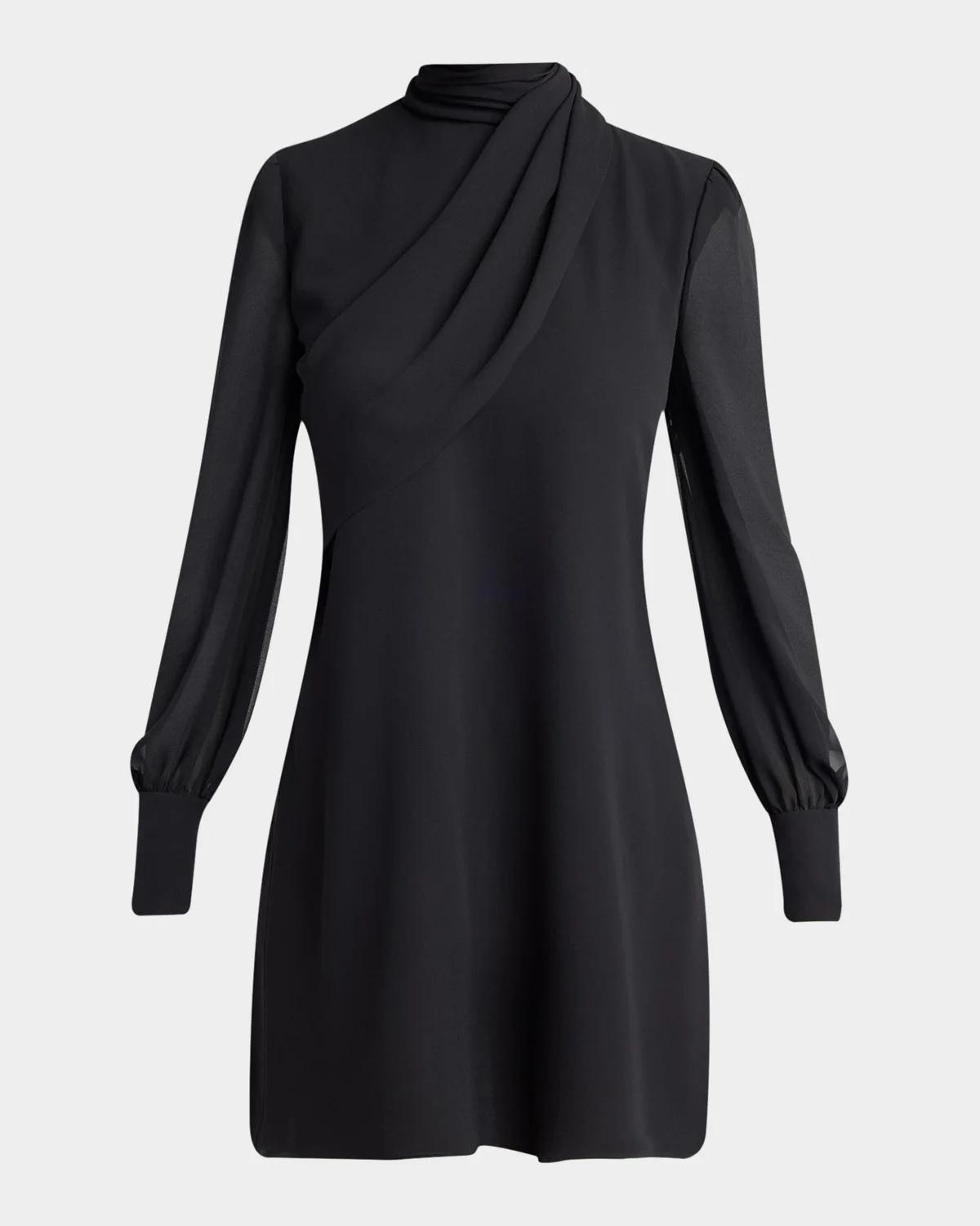 Mock-Neck Draped Silk Georgette Mini Dress
