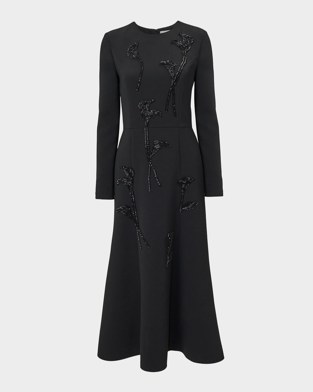 Carolina Herrera Floral Embellished Long-Sleeve Midi Trumpet Dress