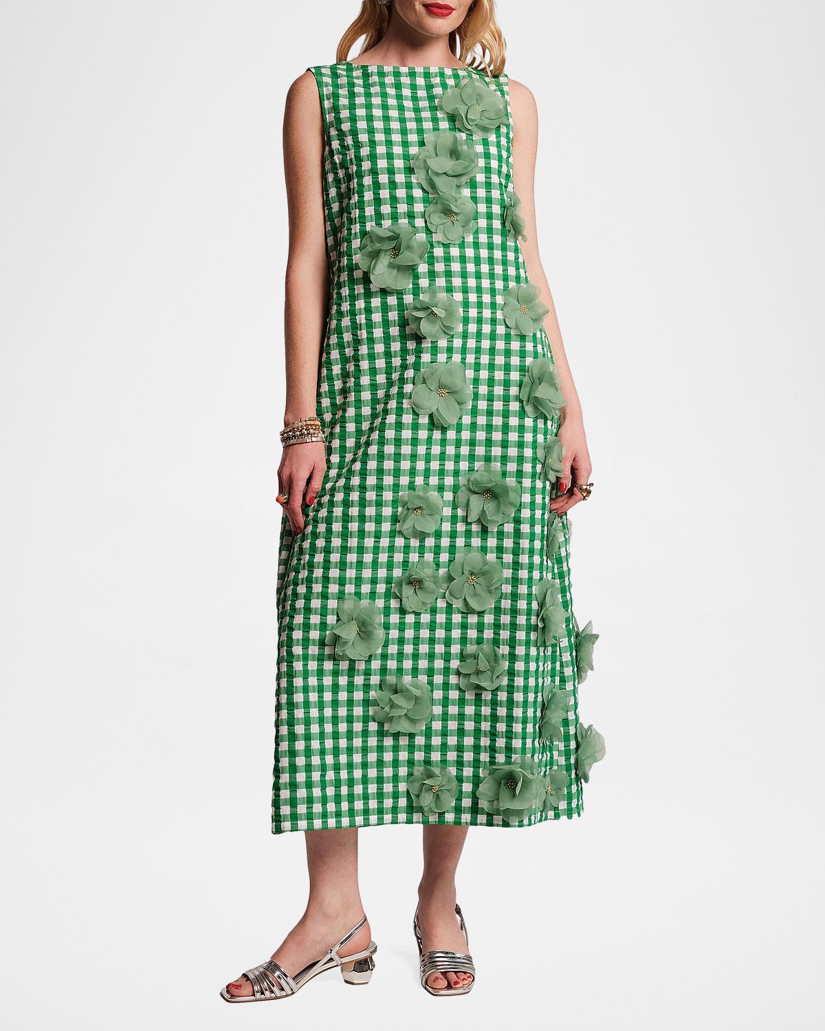 Frances Valentine Origami 3D Floral Appliqué Gingham Midi Dress