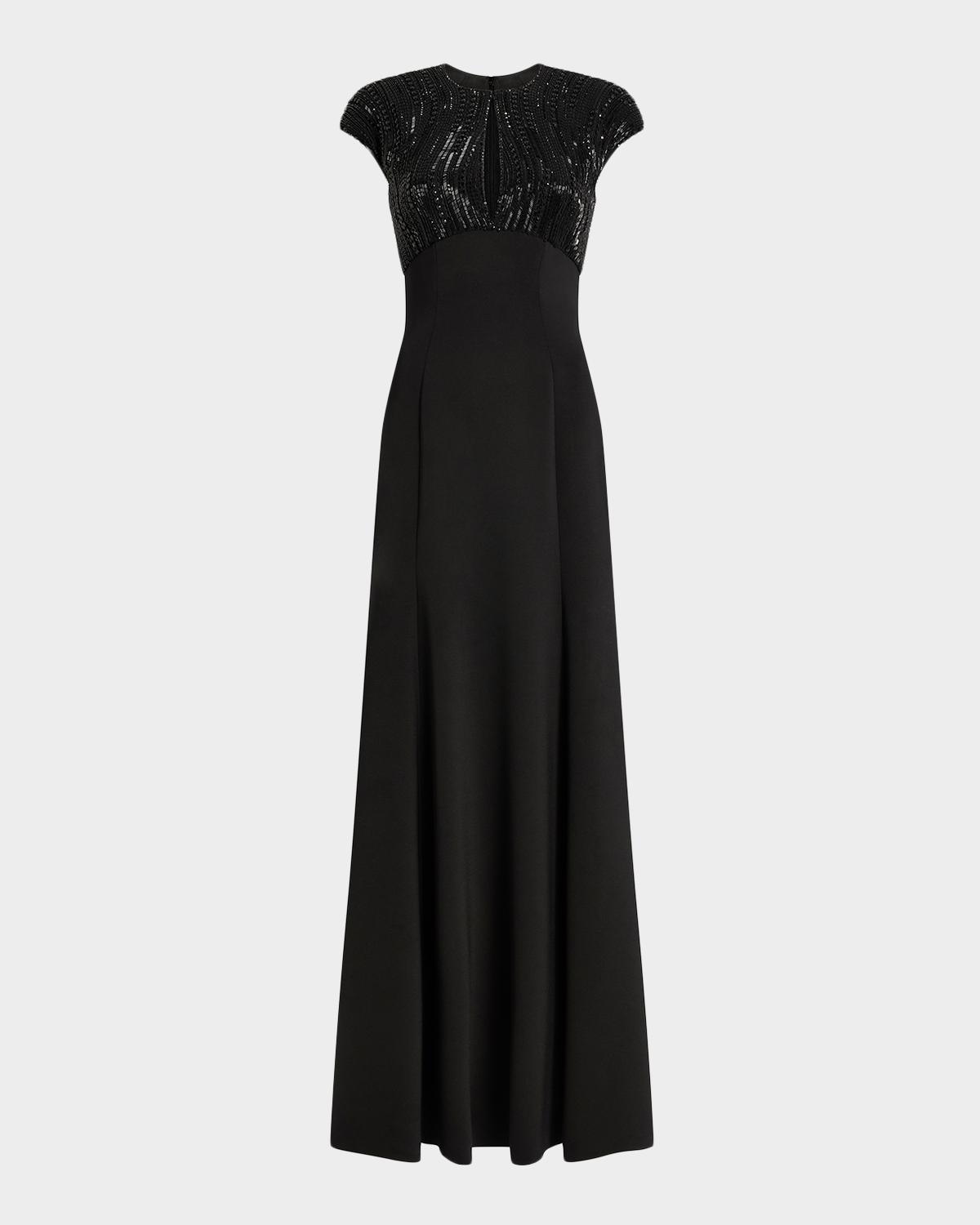 Jenny Packham Moonveil Tonal Sequin Cap-Sleeve Gown
