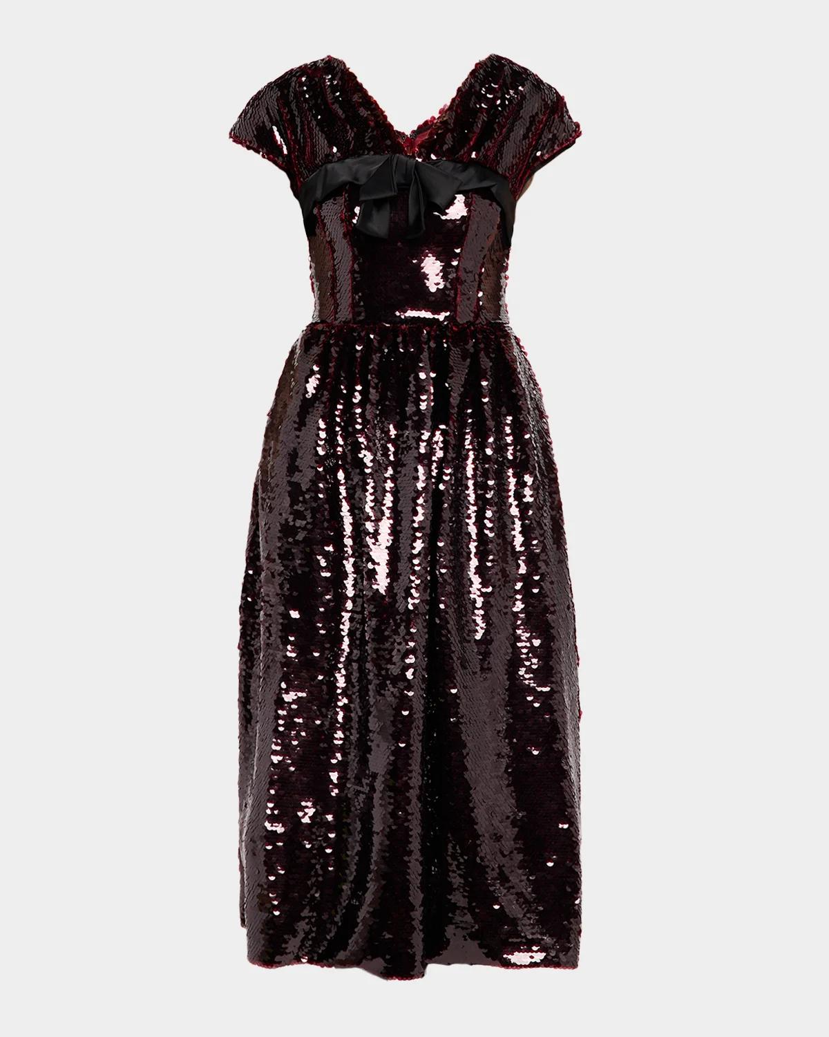 Simone Rocha Gathered Sleeve Bow Sequined Fit-And-Flare Midi Dress
