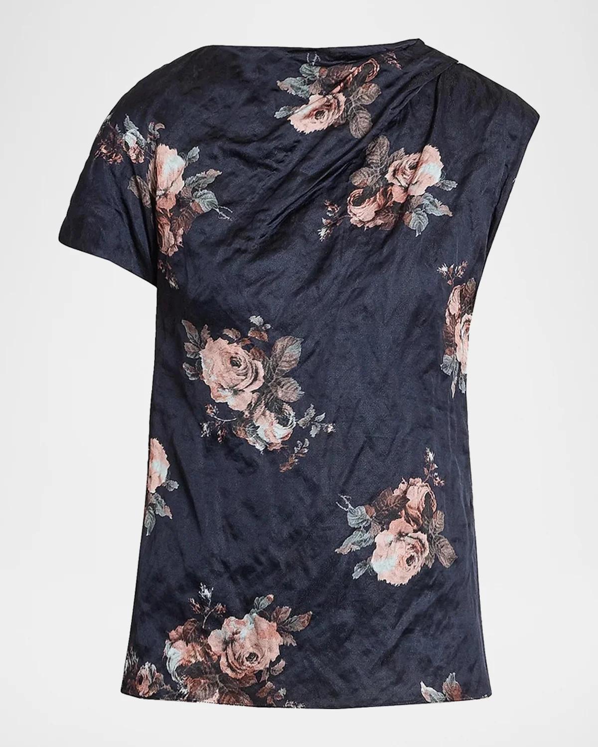 Draped Floral Crushed Satin Top