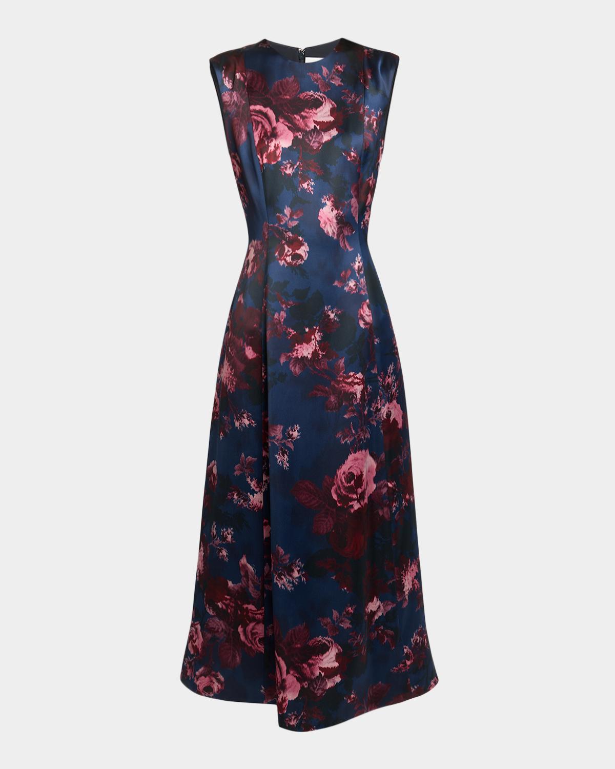 Erdem Floral Duchess Satin Sleeveless Midi Dress