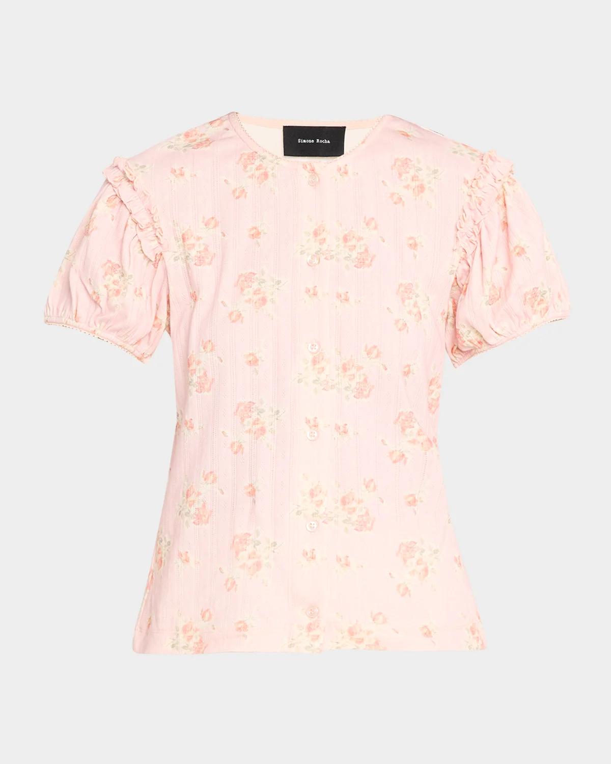 Simone Rocha Puff-Sleeve Floral Cotton Pointelle Button-Front Top