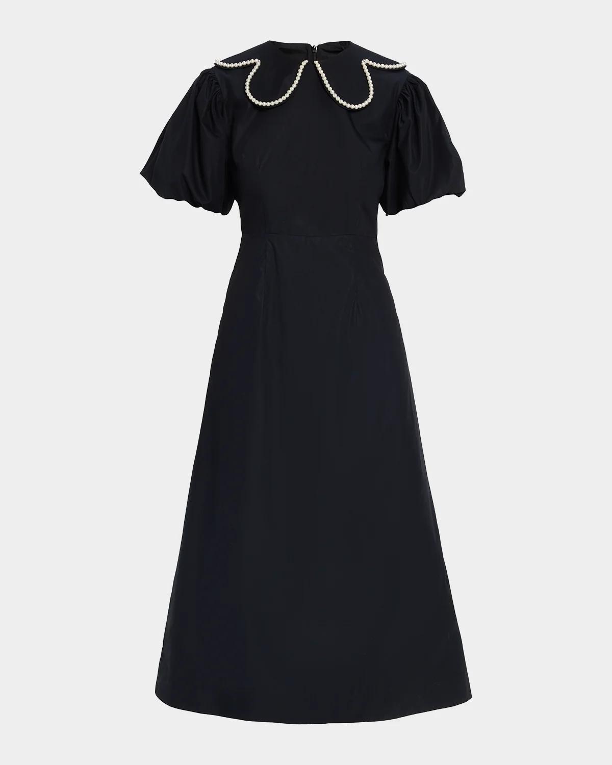 Simone Rocha Pearly-Beaded Collar Puff-Sleeve Midi Dress