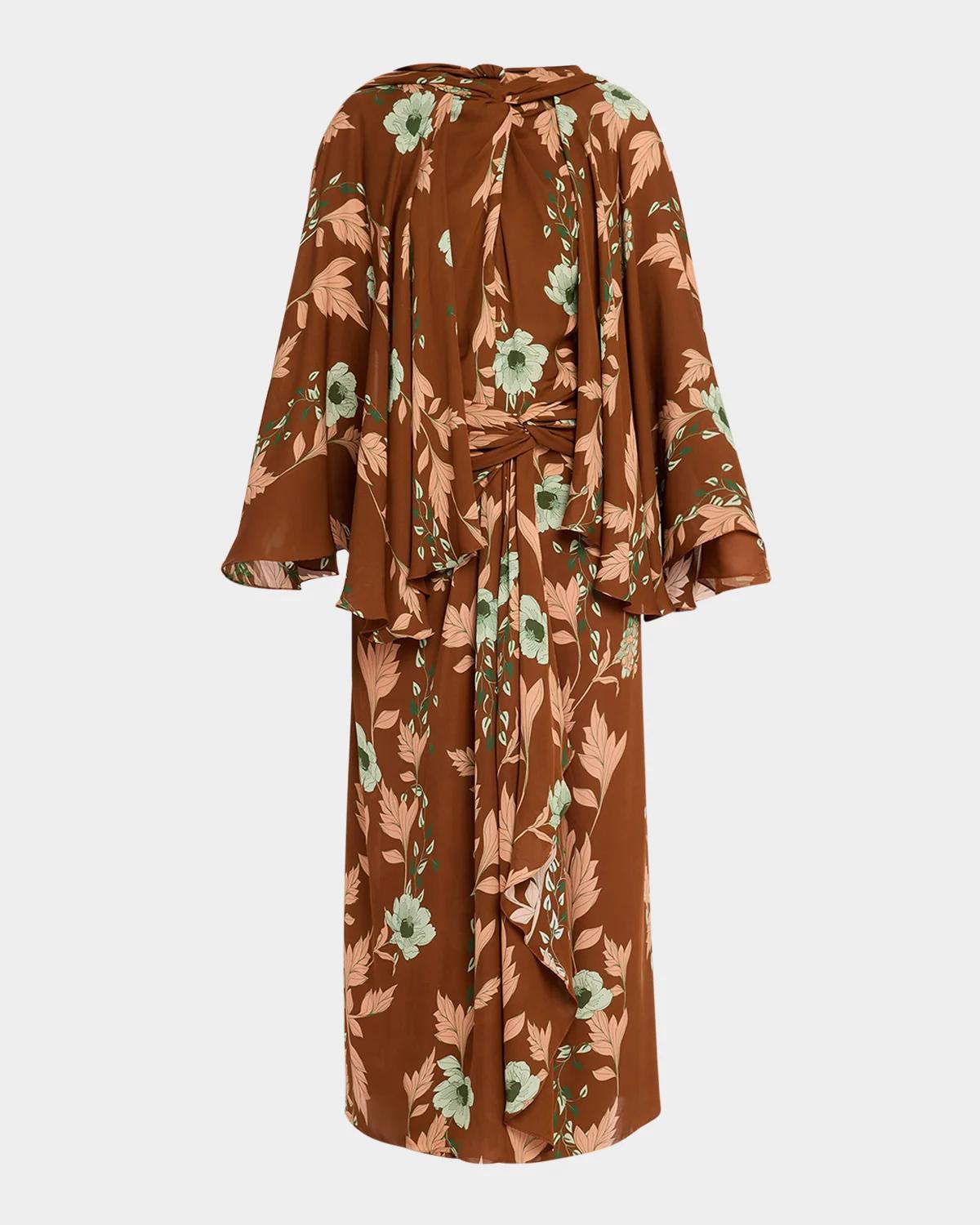 Johanna Ortiz Caramel Cape Town Silk Twisted Cape Midi Dress