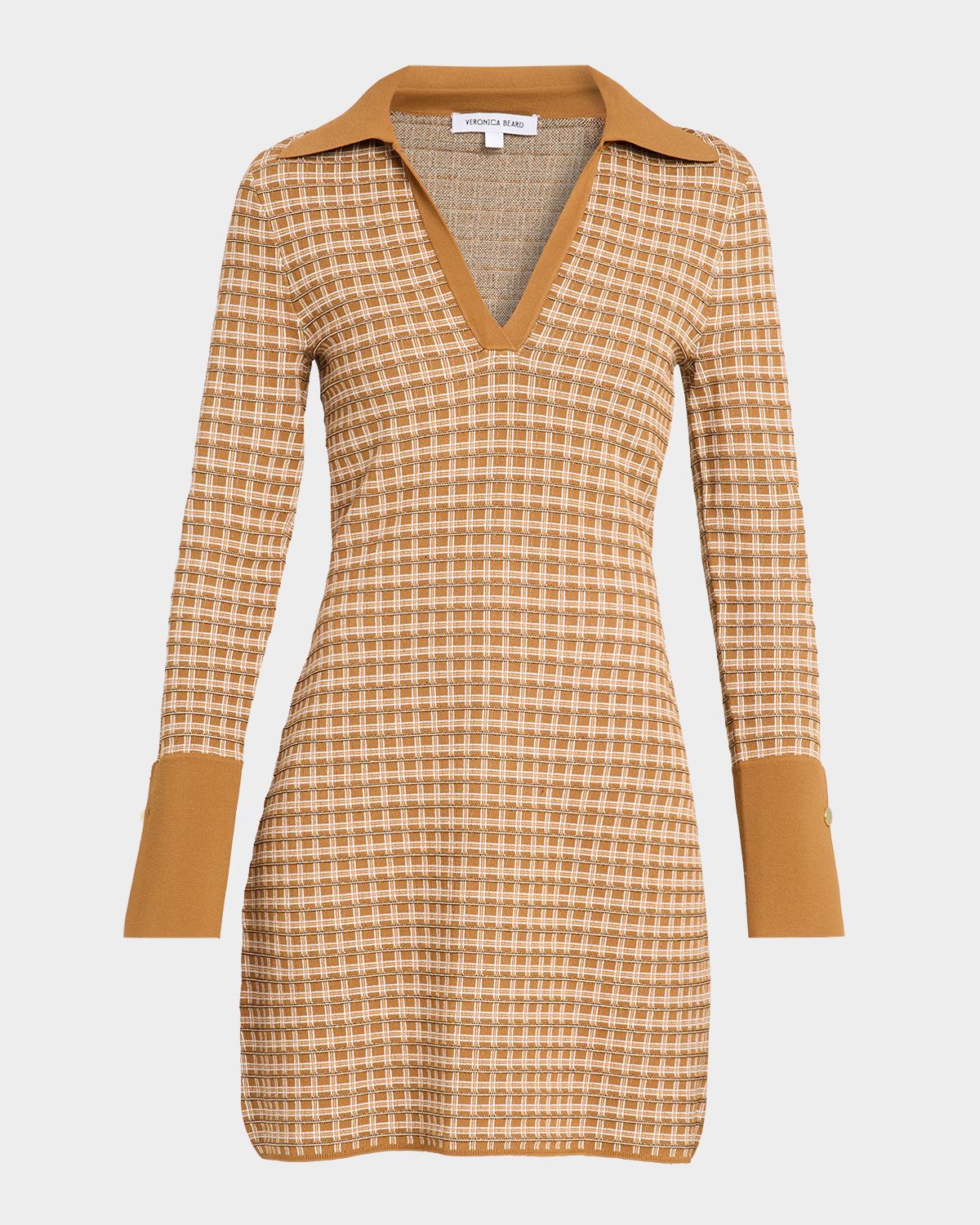 Veronica Beard Celena Plaid Knit V-neck Mini Dress In Acorn Mult