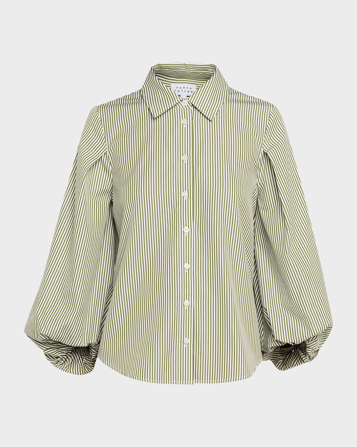 Tanya Taylor Marina Stripe Blouson-Sleeve Shirt