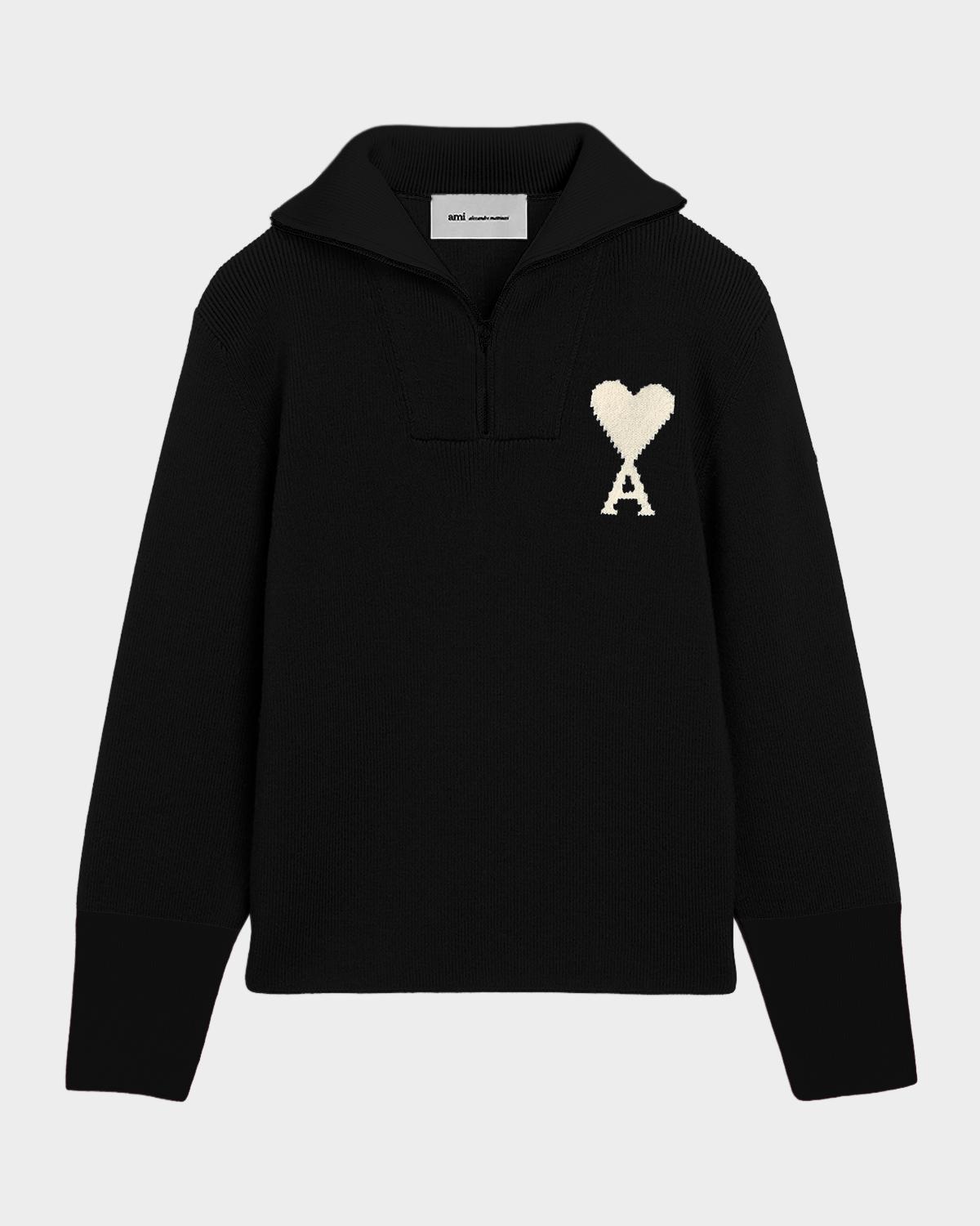 Ami Alexandre Mattiussi Men & Apos;s Wool Intarsia-logo Half-zip Polo Sweater In Ecrunoir