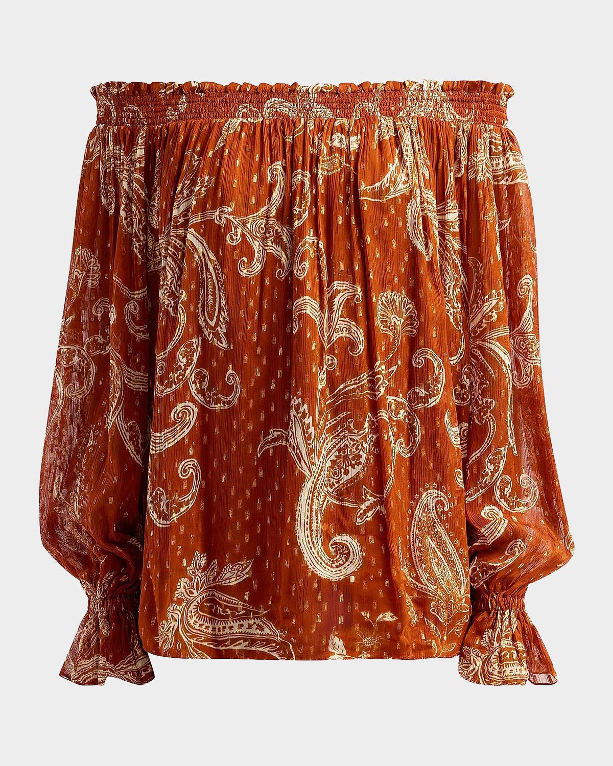 Hemant & Nandita Ruza Paisley Smocked Off-the-Shoulder Top