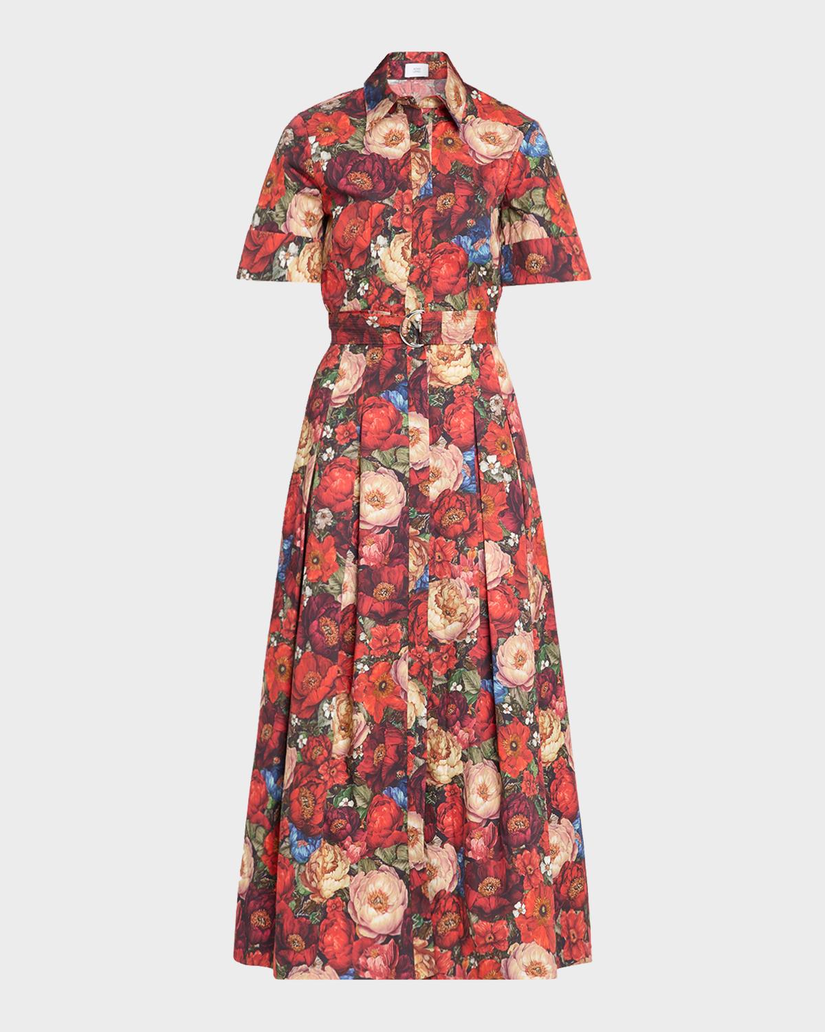Adam Lippes Leighton Belted Floral Poplin Midi Dress