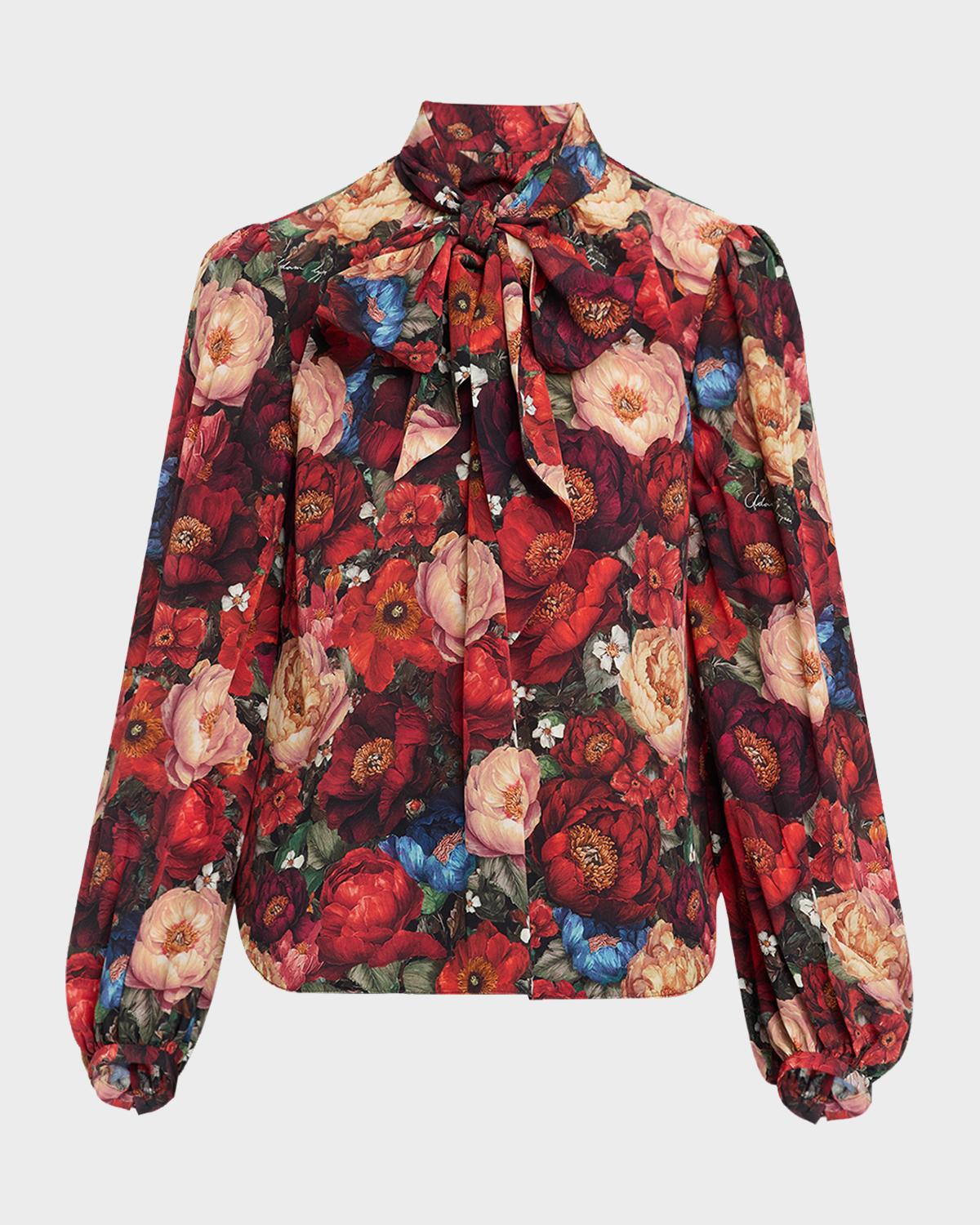 Adam Lippes Joan Floral Silk Neck Scarf Long-Sleeve Top