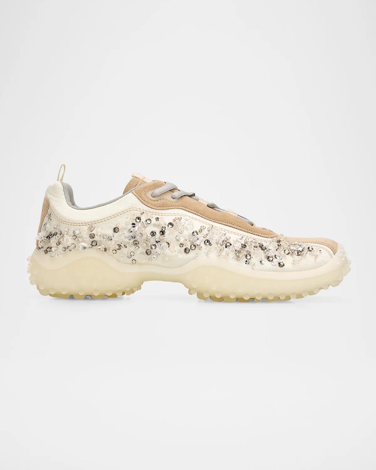 Miu Miu Embellished Suede And Canvas Low-top Sneakers In Avorio