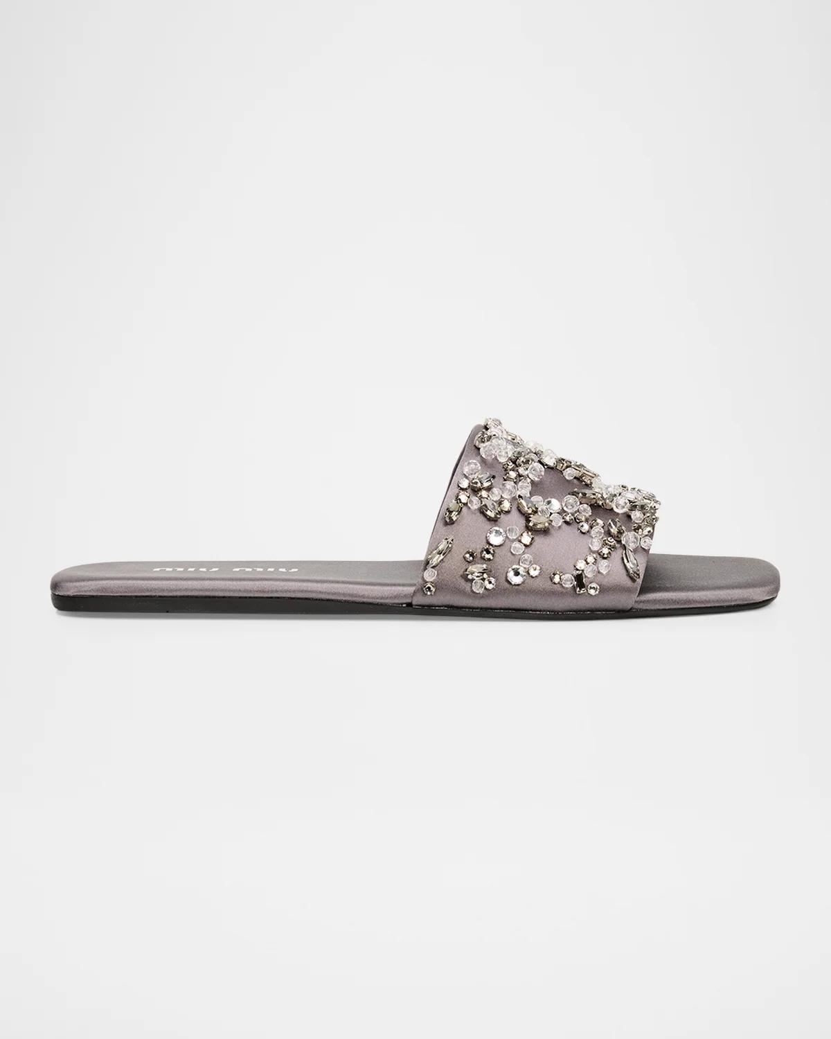 Miu Miu Embellished Satin Slide Sandals In Ferro