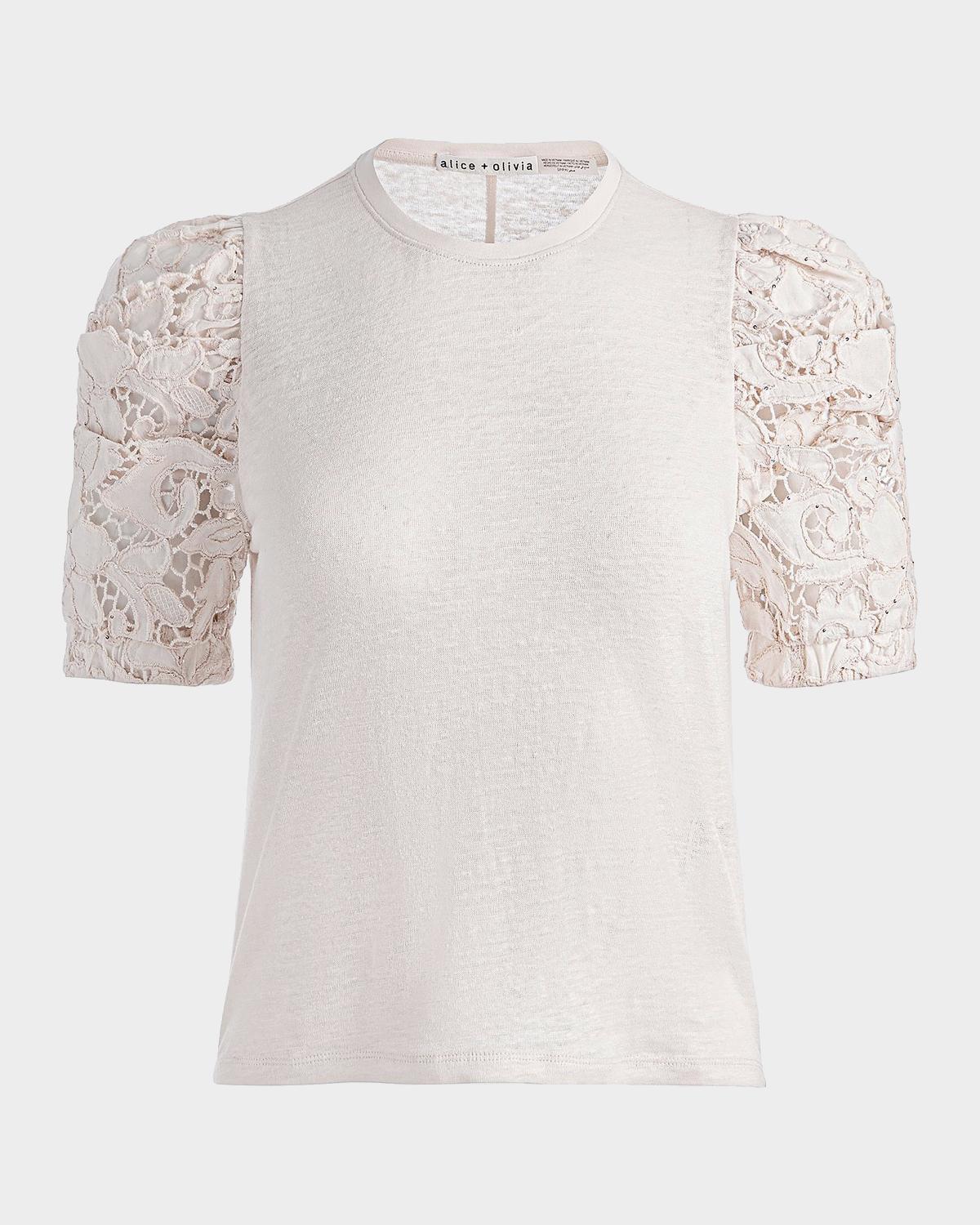 ALICE + OLIVIA Tyler Lace-Sleeve Crewneck Top