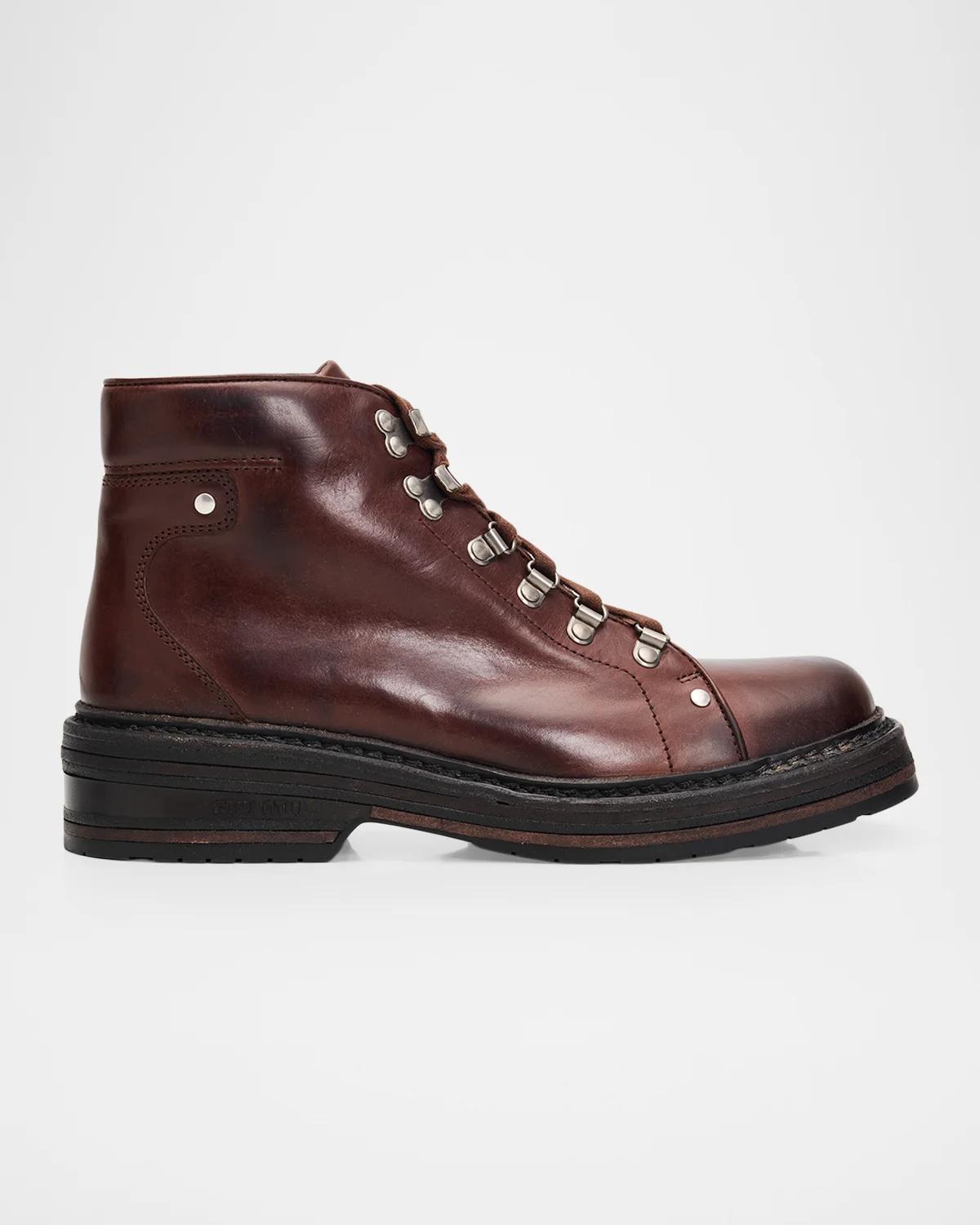 Miu Miu 40mm Lace-up Leather Combat Boots In Caffe