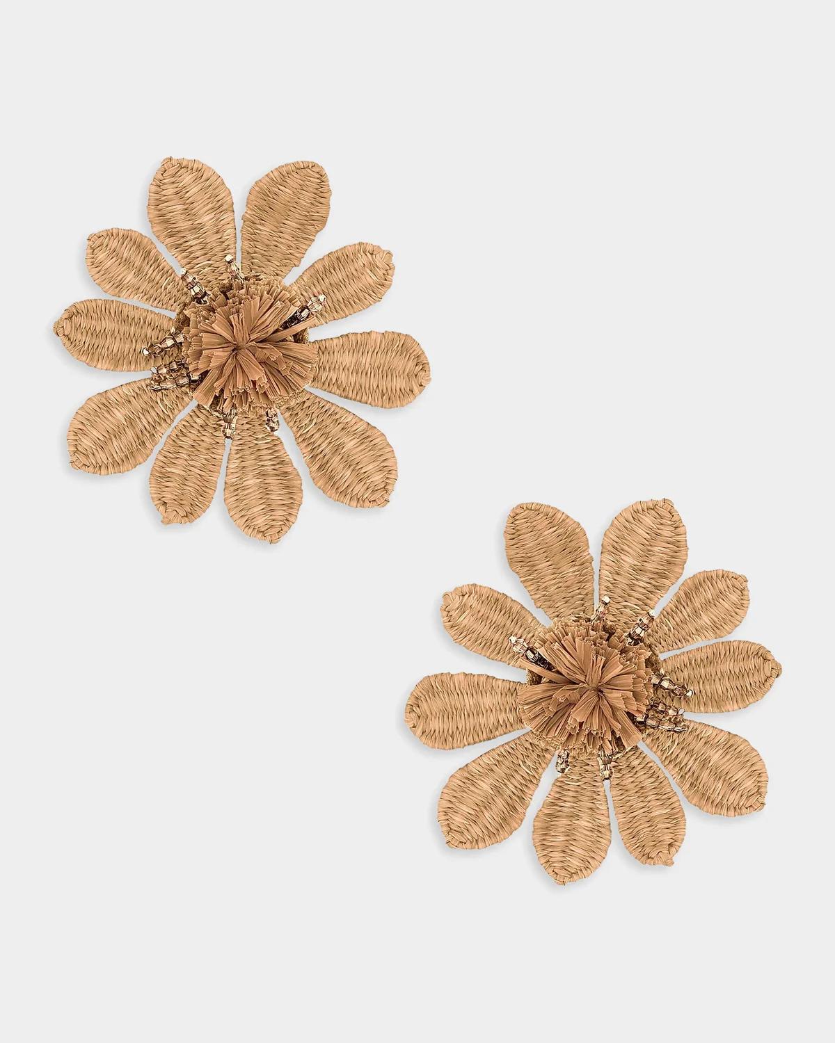 Woven Raffia Flower Clip-On Earrings