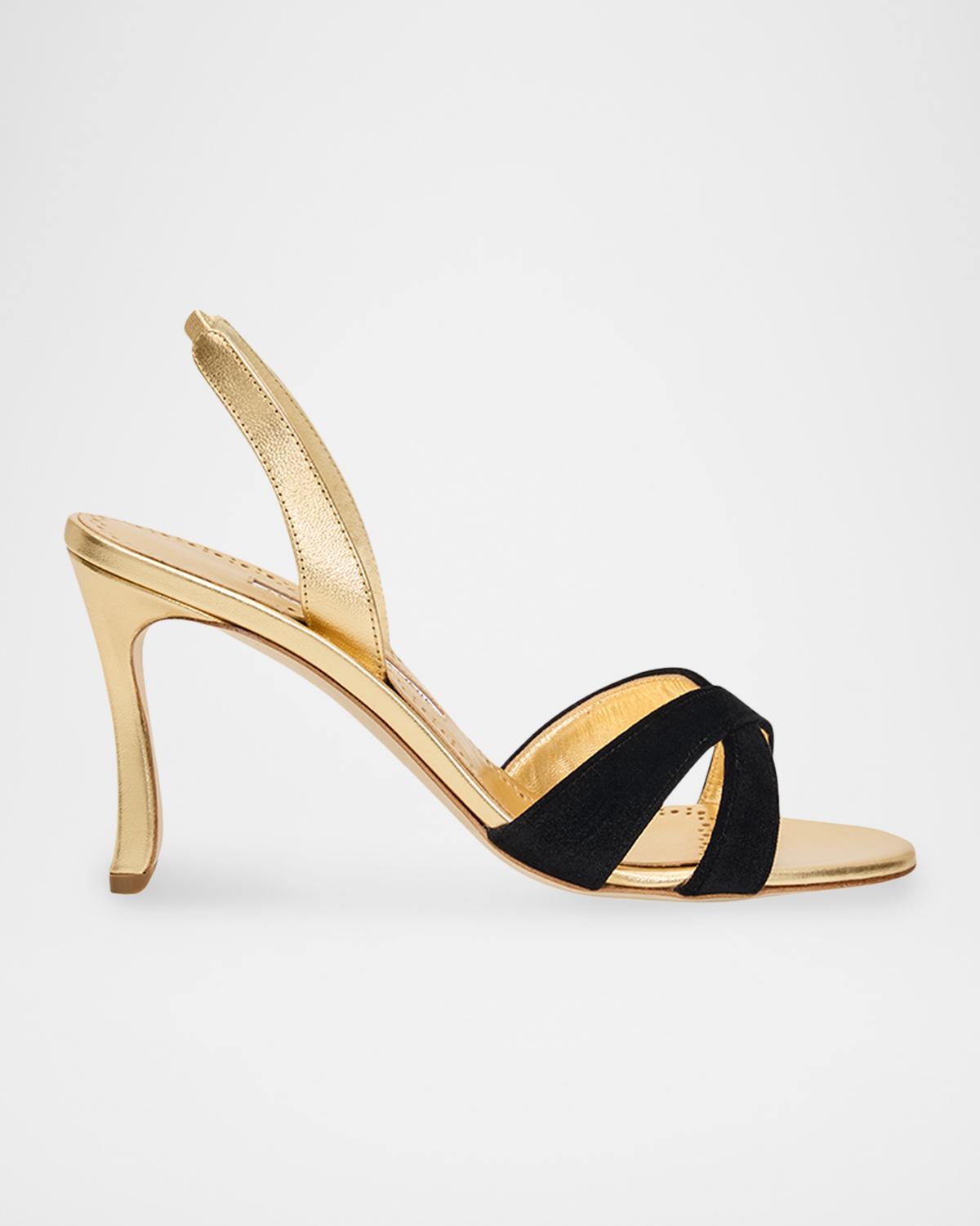Manolo Blahnik 90mm Callydra Mixed Leather Slingback Sandals