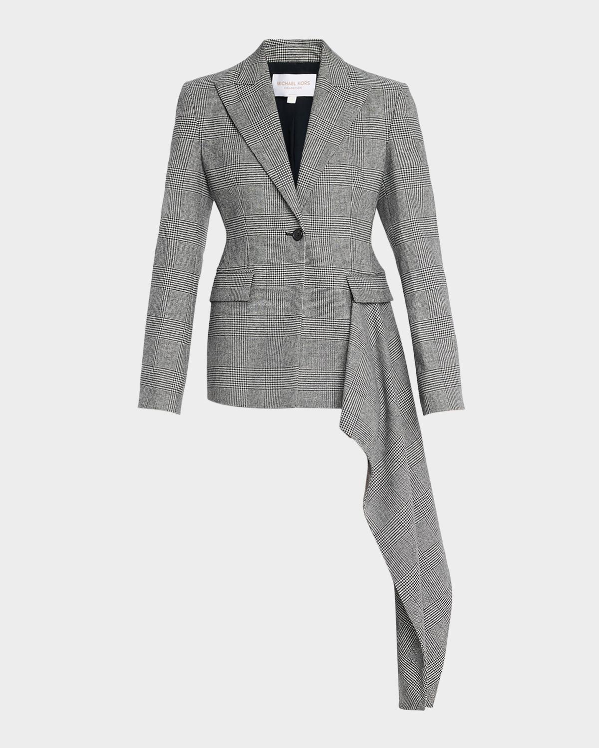 Michael Kors Collection Glen Plaid Asymmetric Drape Single-Breasted Jacket
