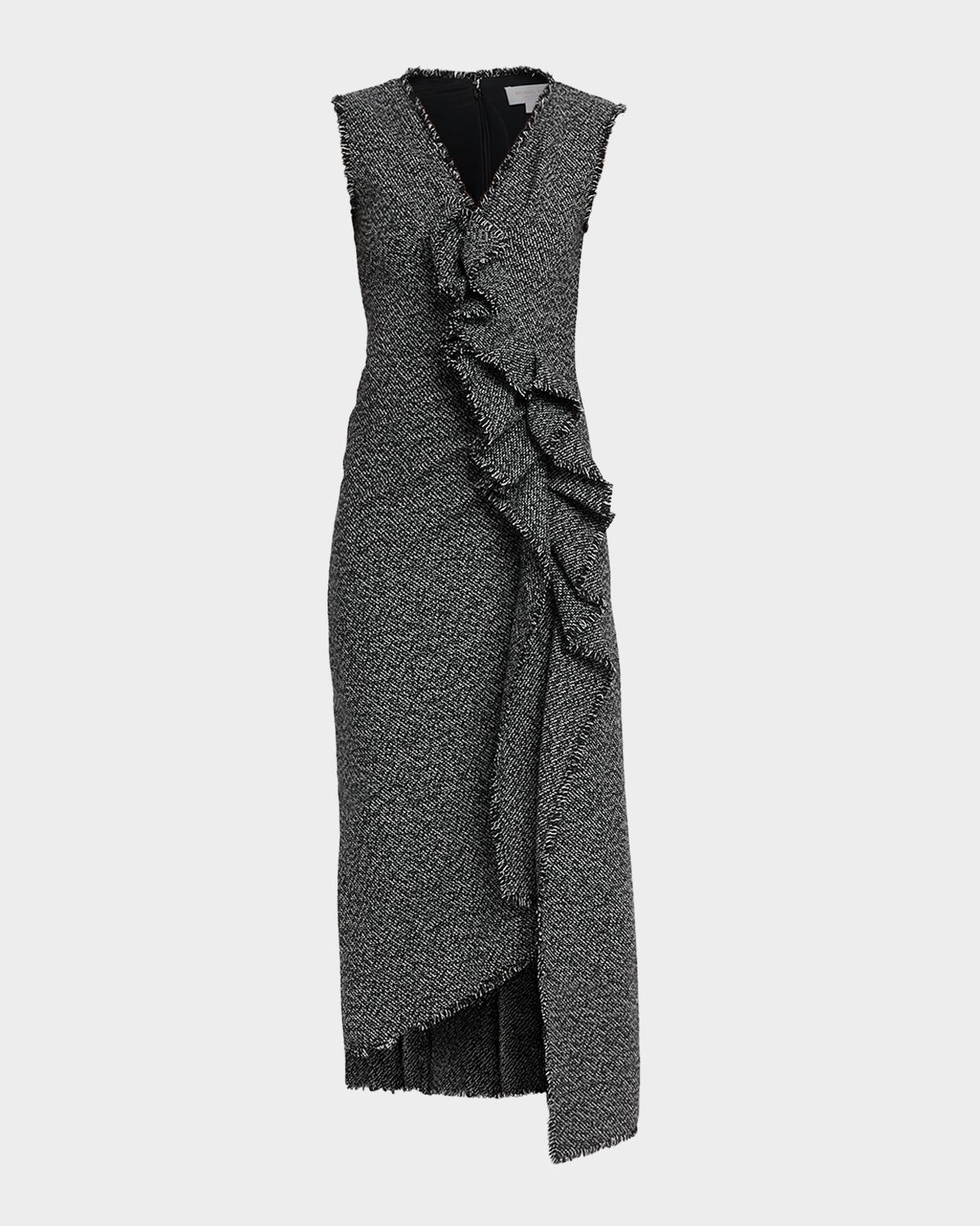 Michael Kors Collection Sleeveless Frayed Tweed Asymmetric Ruffle Midi Dress