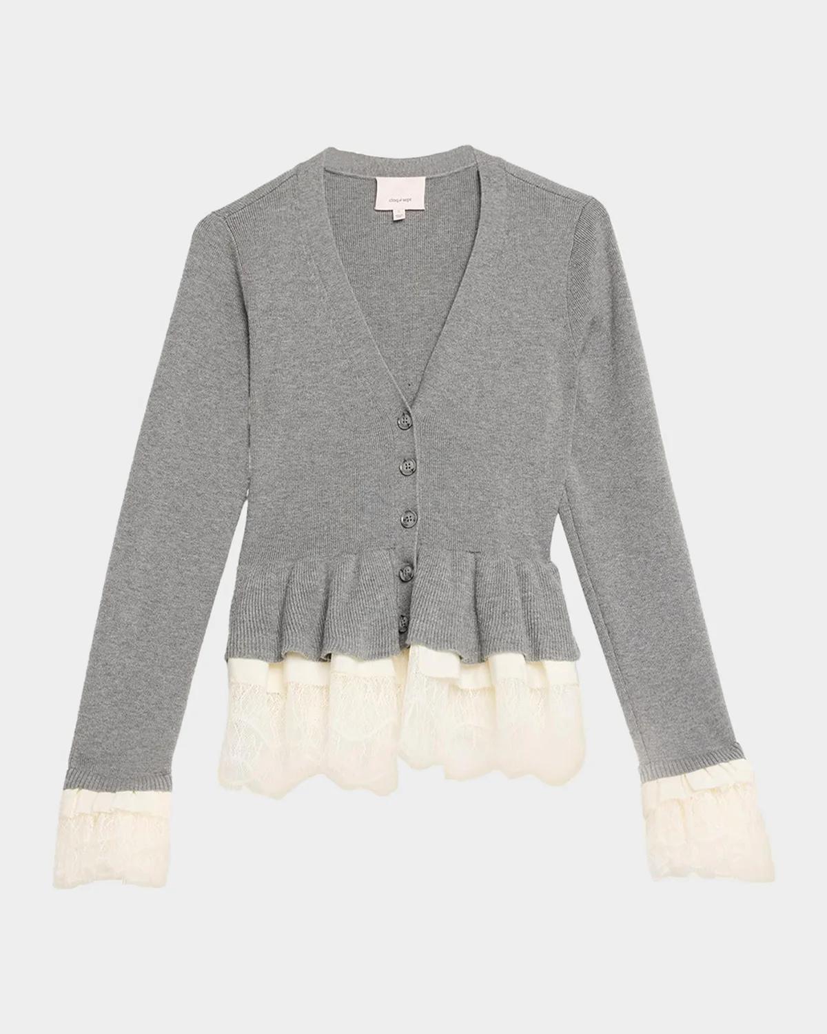 Cinq à Sept Dolly Ruffled Lace-Trimmed Peplum Cardigan