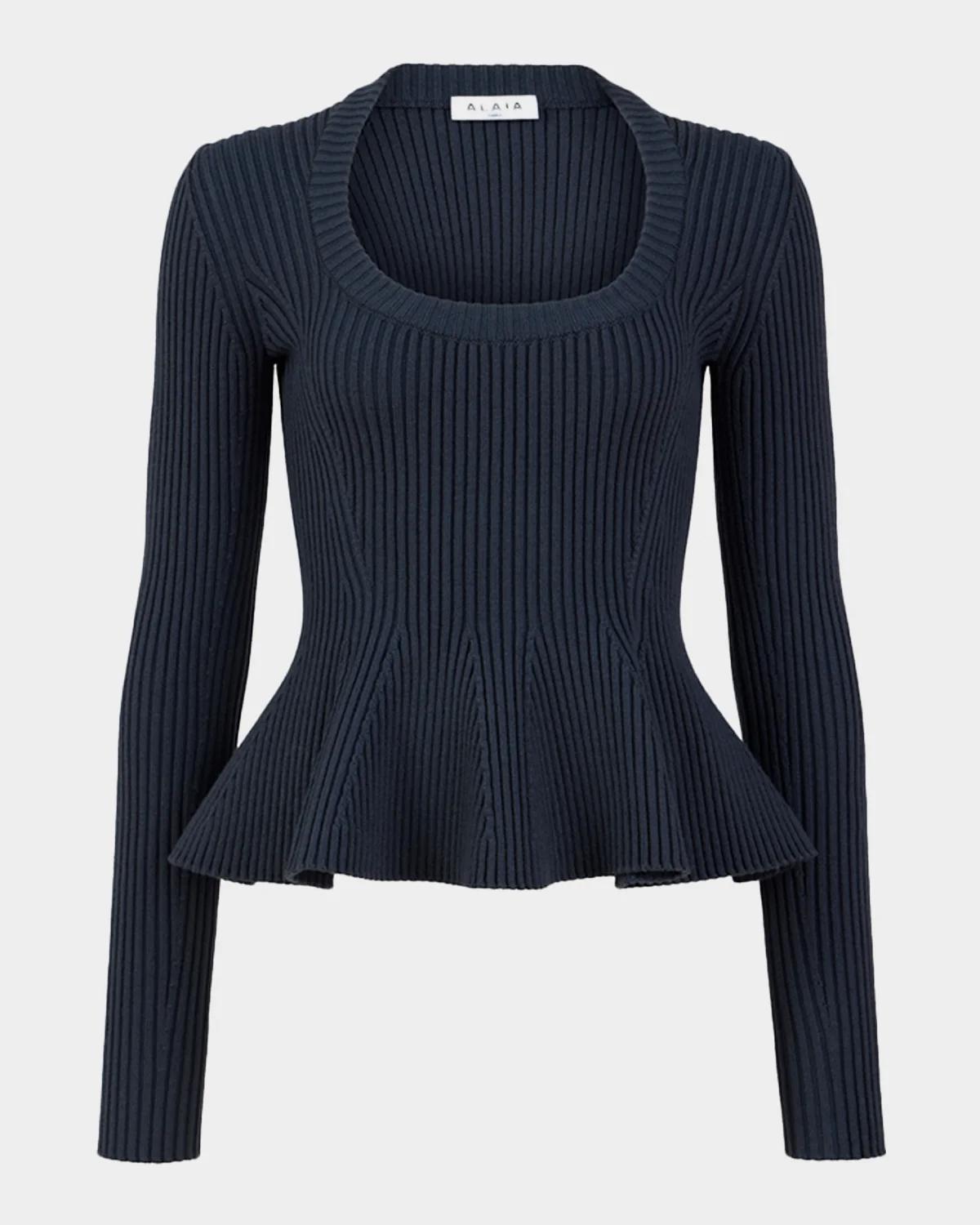 ALAÏA Wool Rib Long-Sleeve Peplum Top