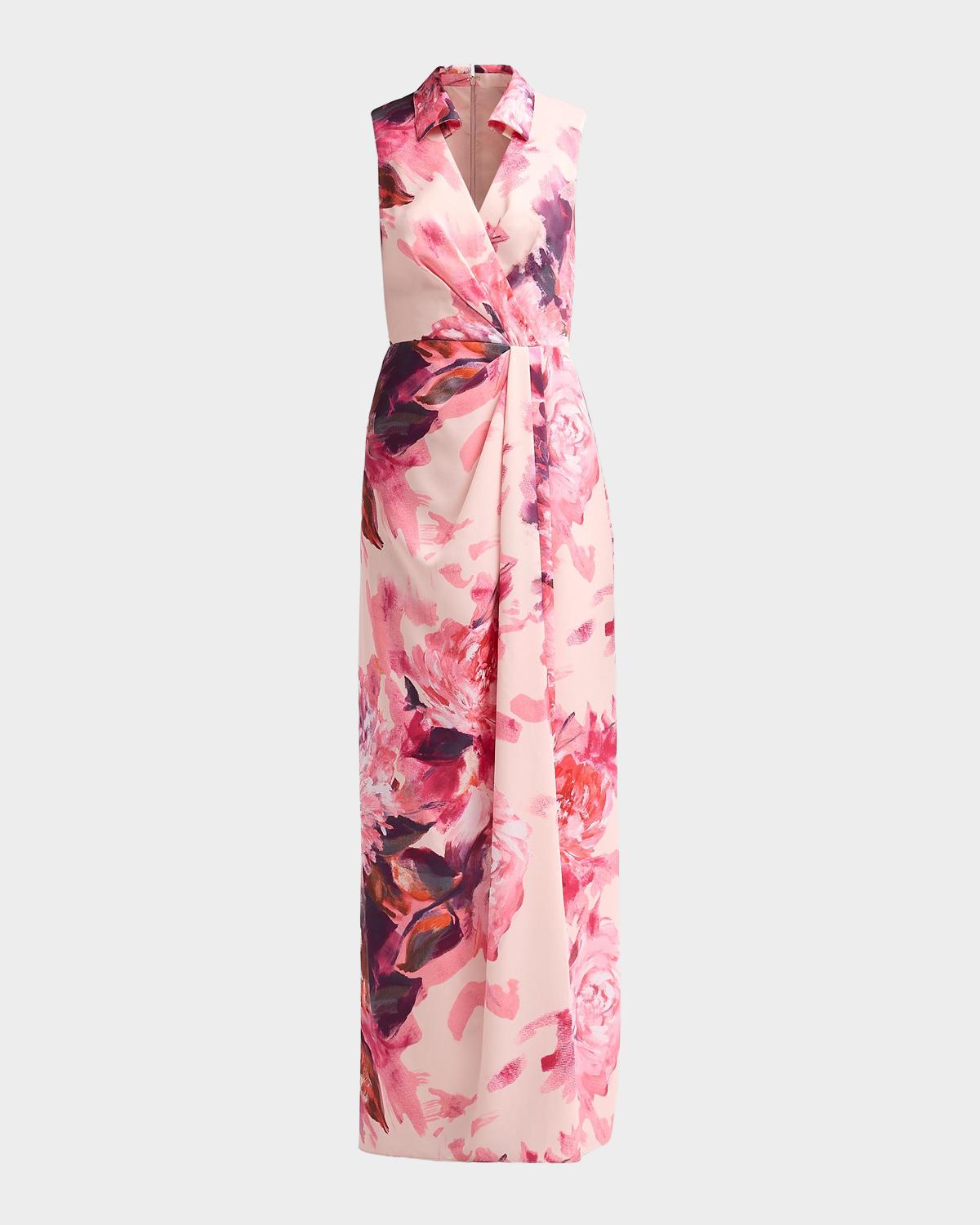 Aidan Mattox Floral Sateen A-Line Maxi Dress