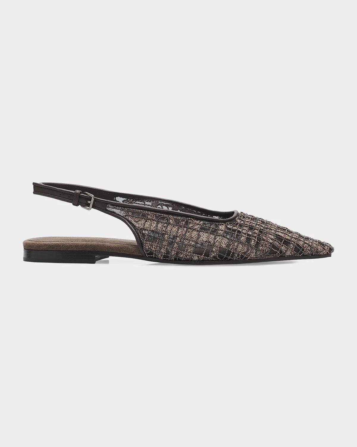 Brunello Cucinelli Monili Suede Check Slingback Flats