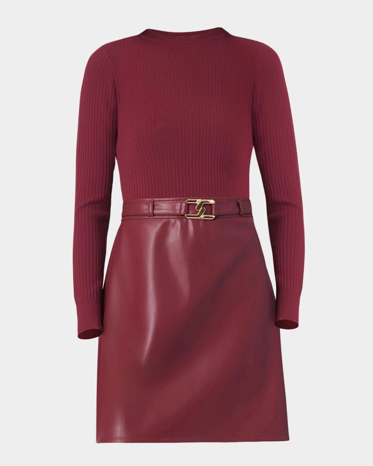 Shoshanna Buckle-Embellished Mixed Media Mini Dress