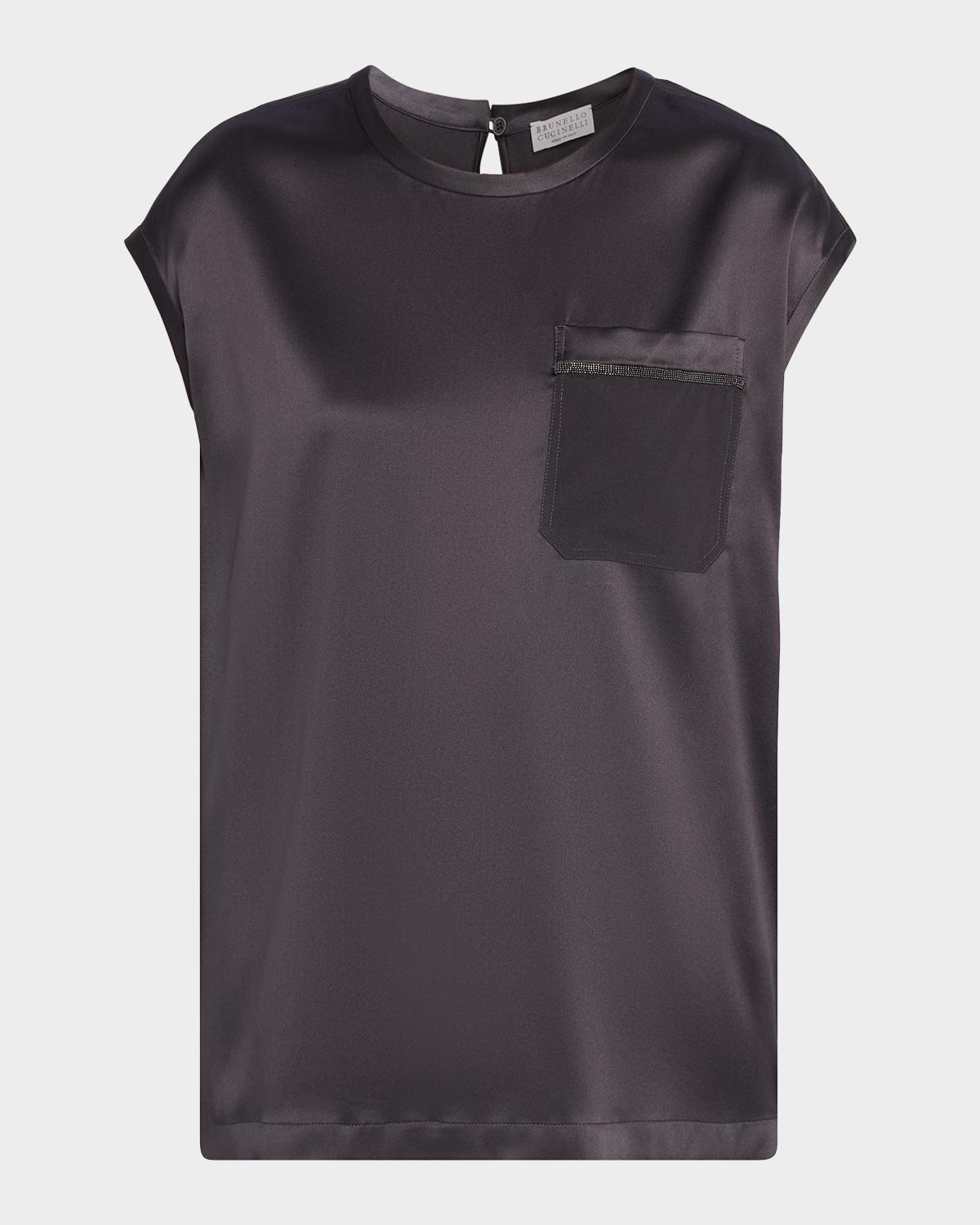 Brunello Cucinelli Monili Trim Stretch Satin Cap-Sleeve Shirt