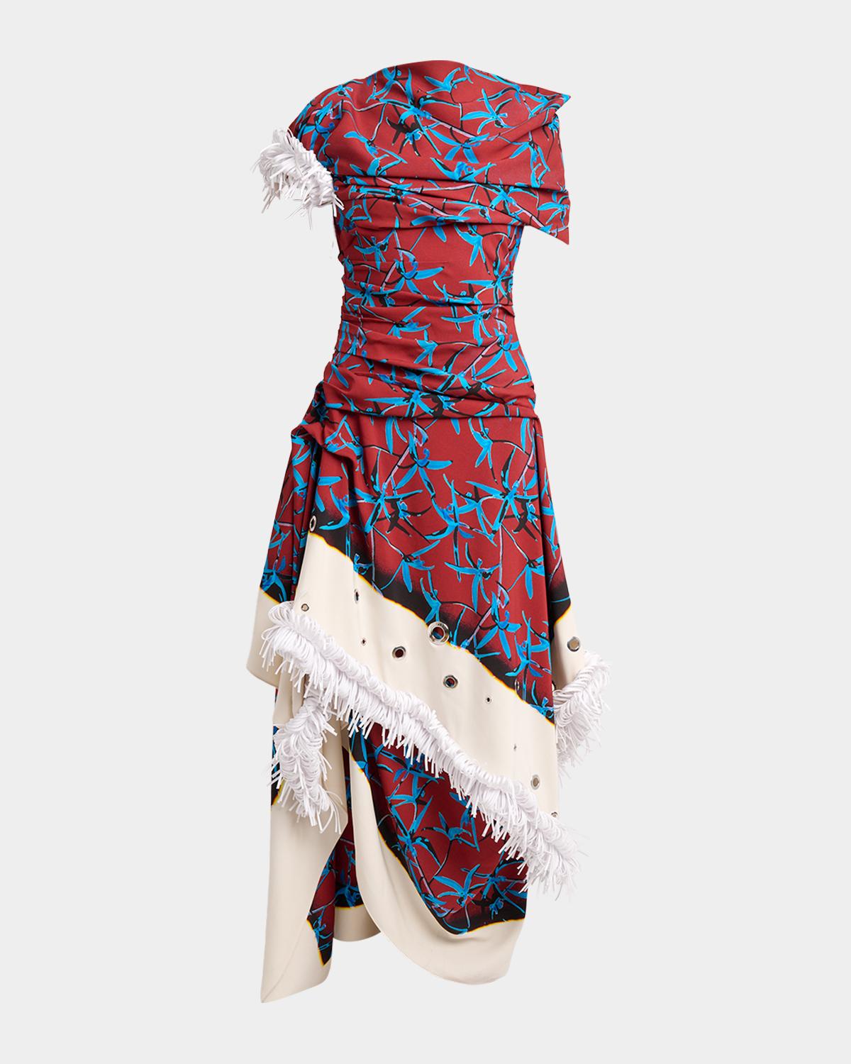 Proenza Schouler Bodine Asymmetric Draped Grommet Fringe High-Low Dress