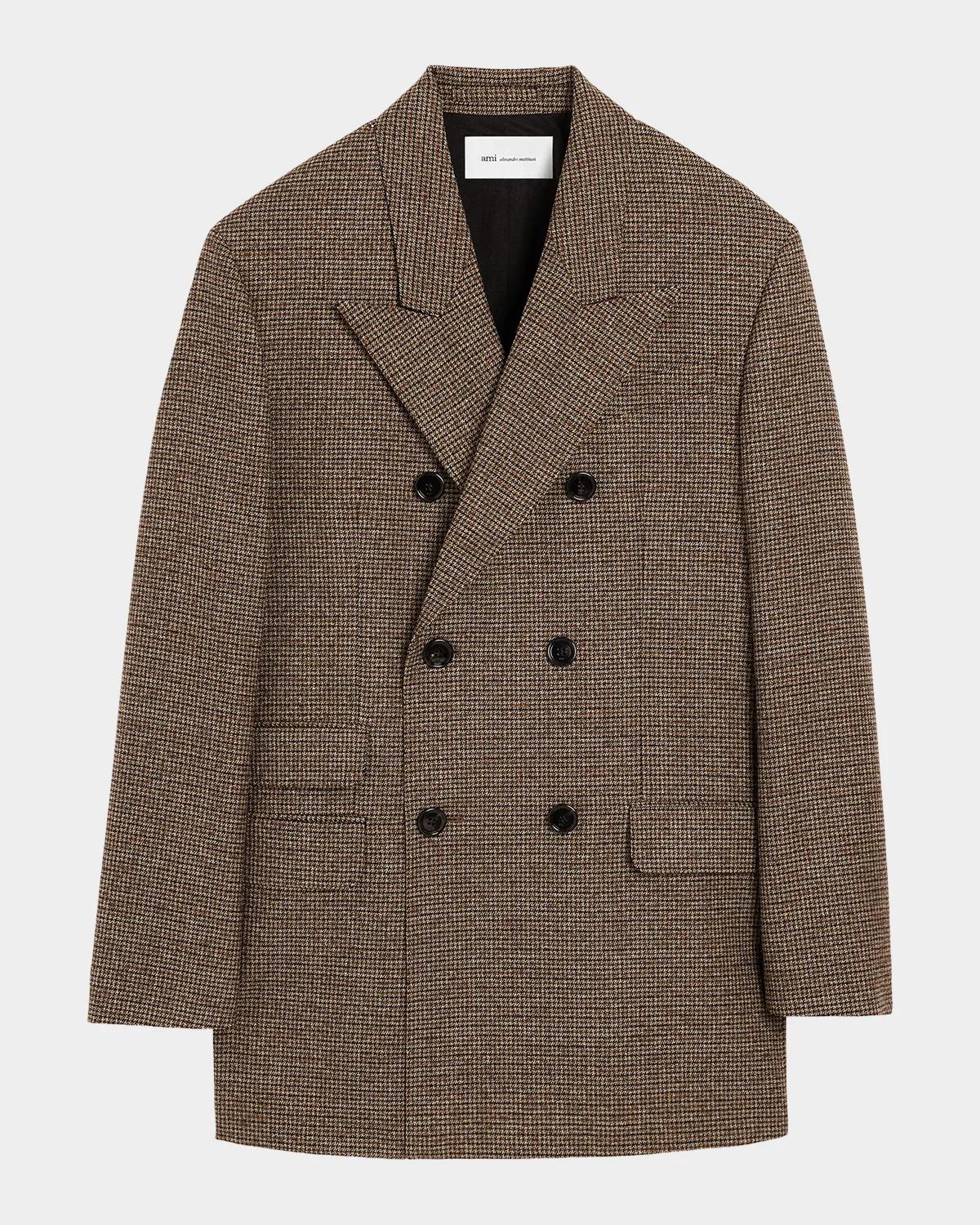 Double-Breasted Houndstooth Wool Oversized Blazer Jacket